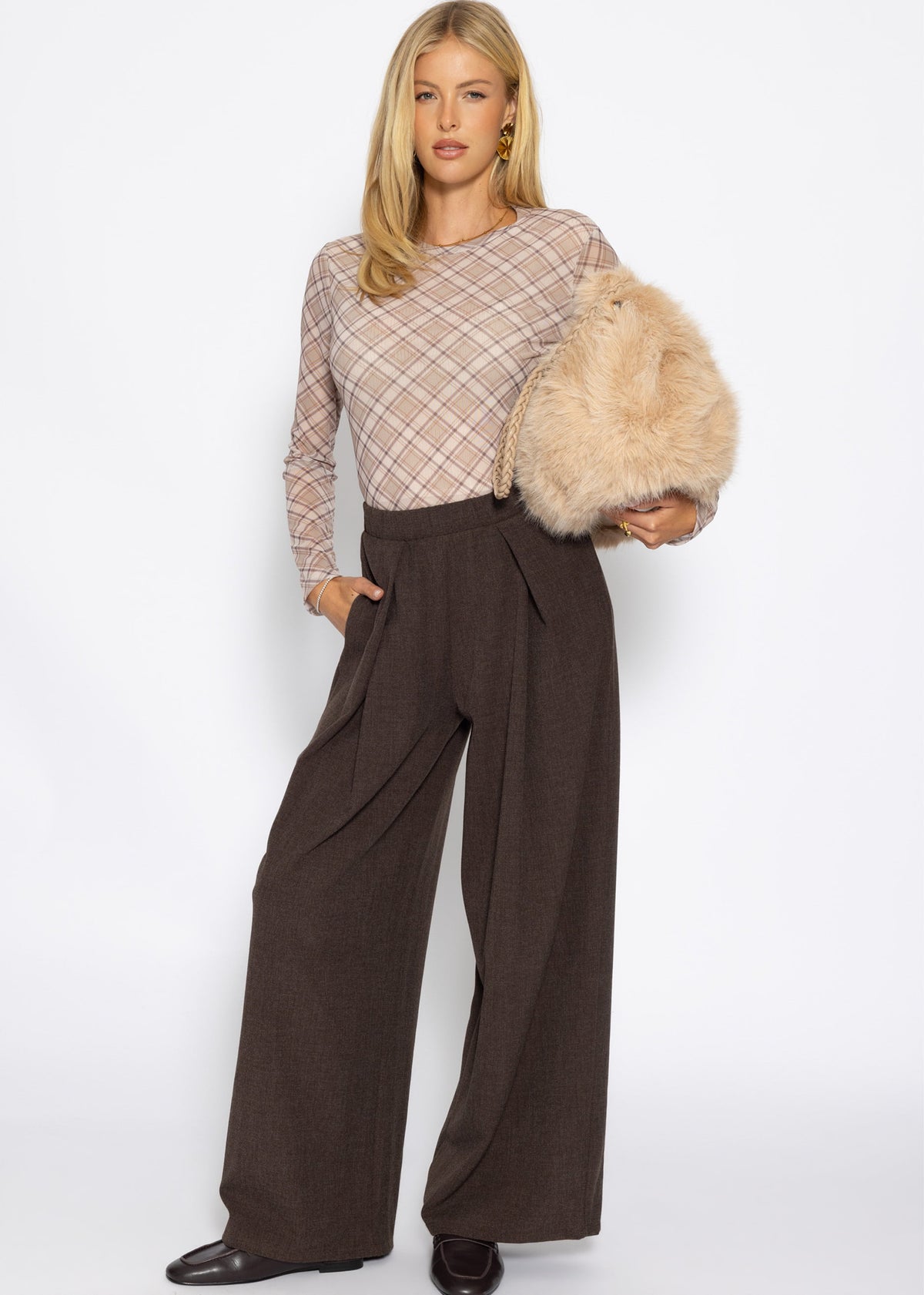 Mesh Langarmshirt mit kariertem Muster - beige