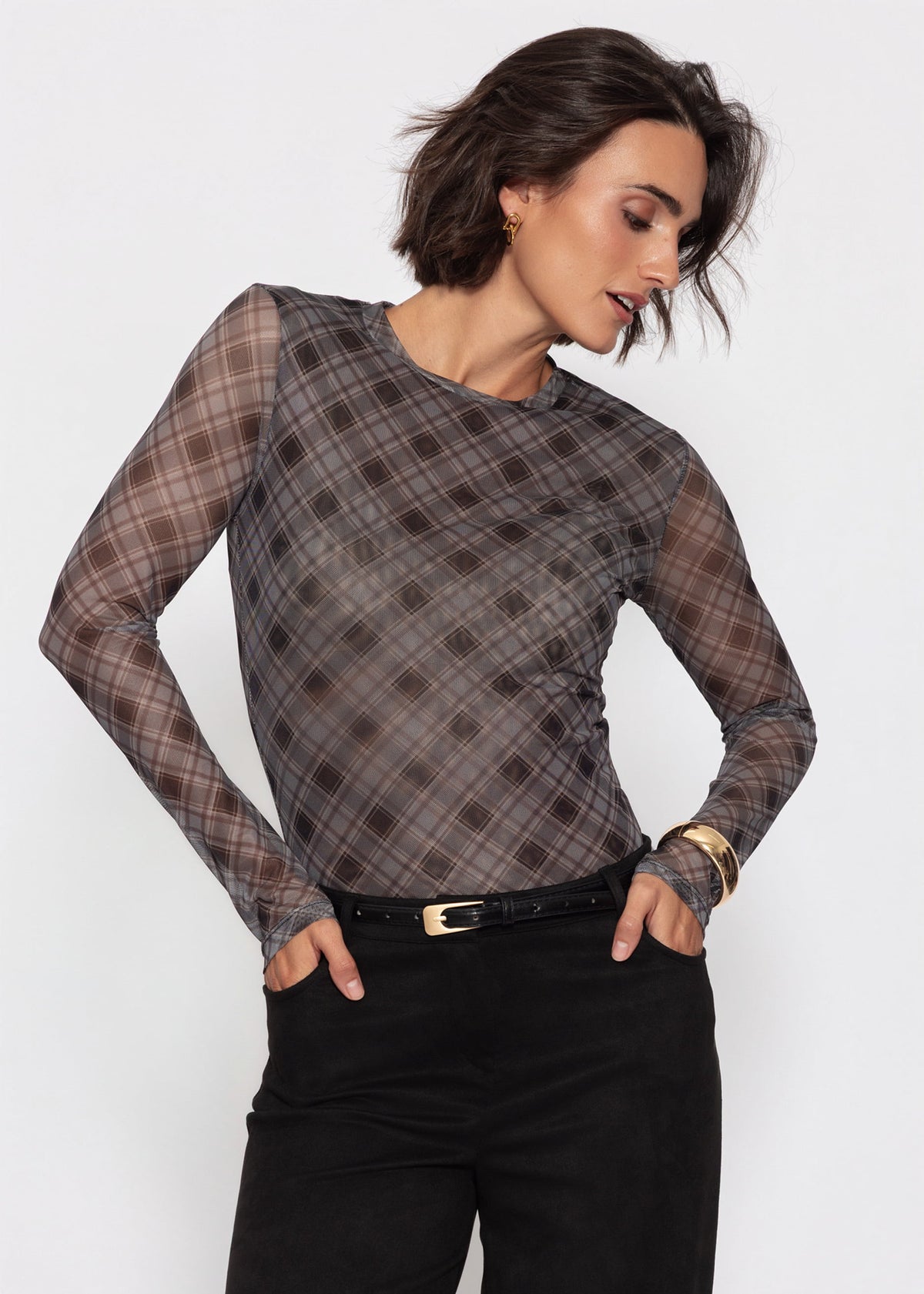 Mesh Langarmshirt mit kariertem Muster - schwarz