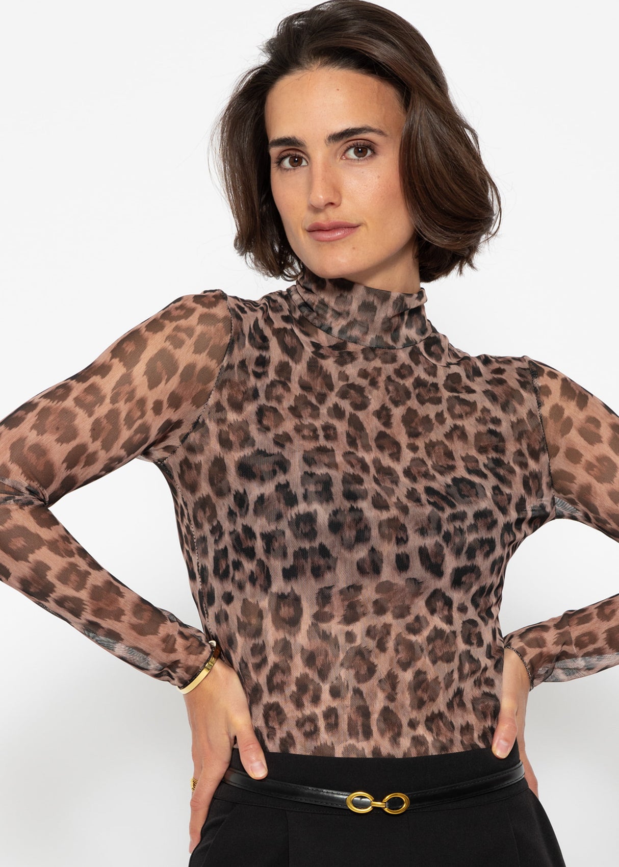 Mesh long-sleeved shirt with leopard print - brown