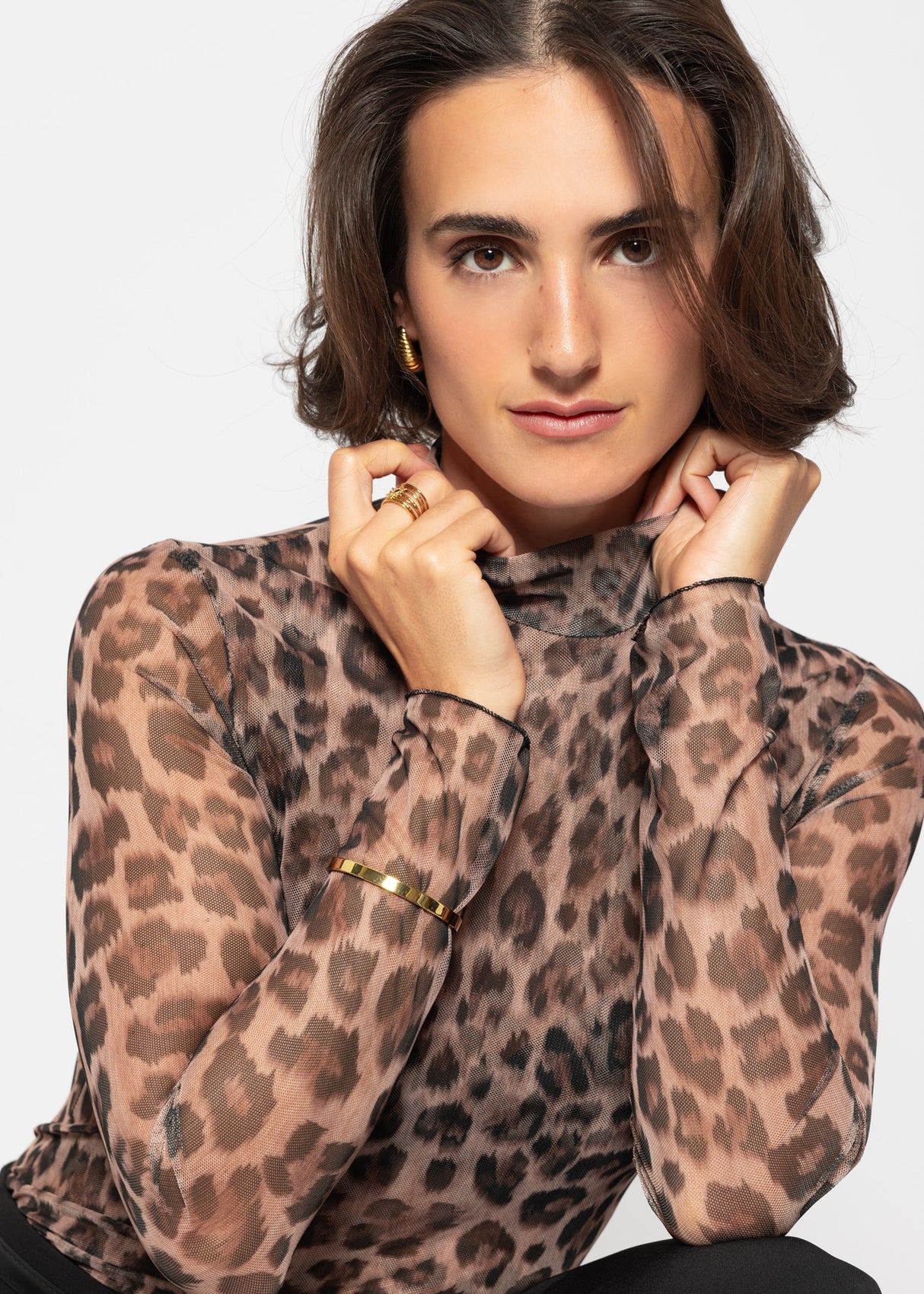 Mesh long-sleeved shirt with leopard print - brown