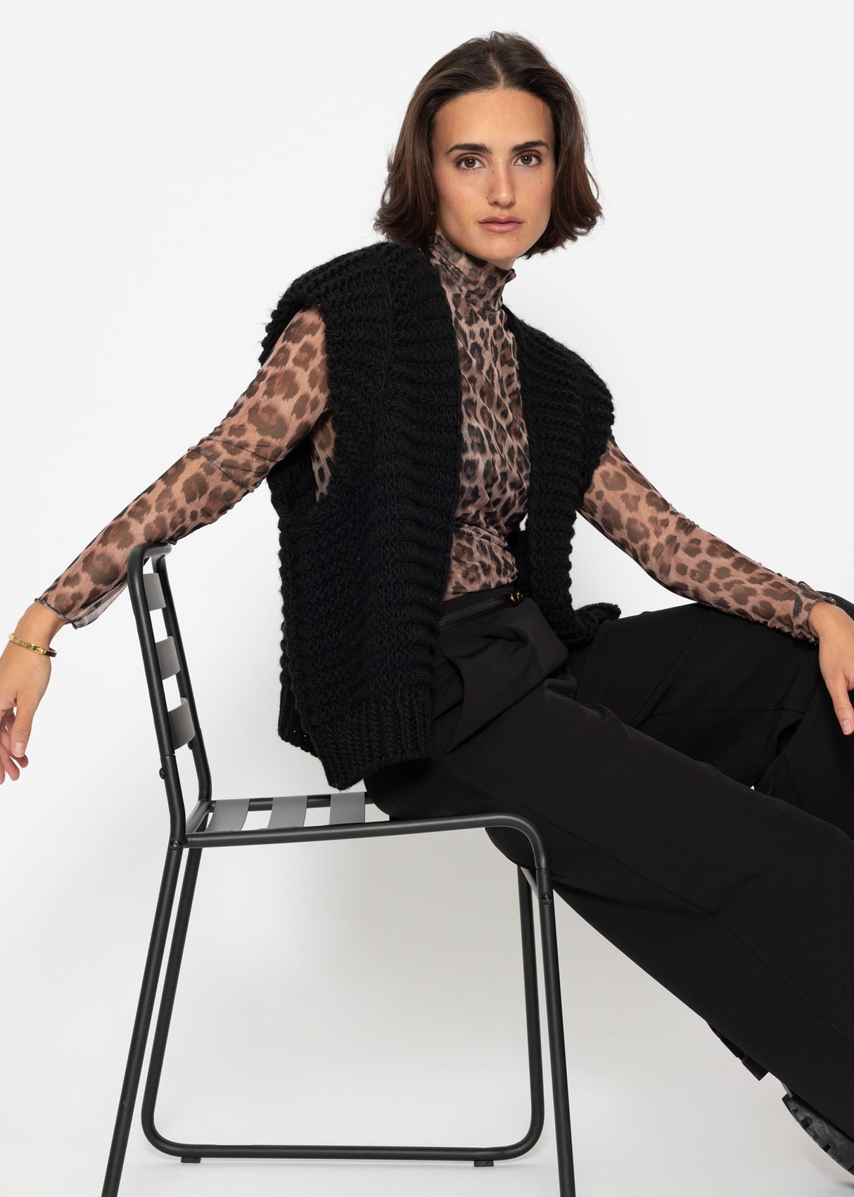 Mesh long-sleeved shirt with leopard print - brown