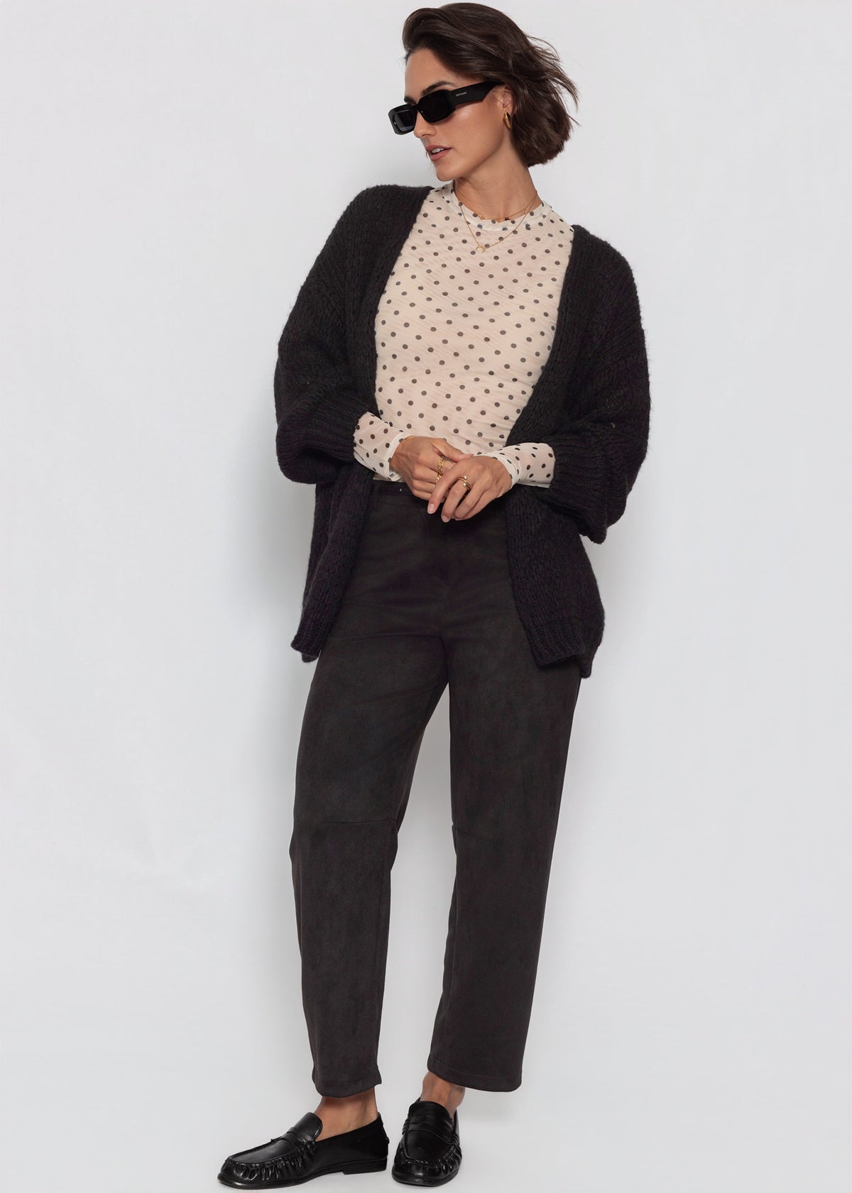 Mesh Langarmshirt mit Punkten - beige