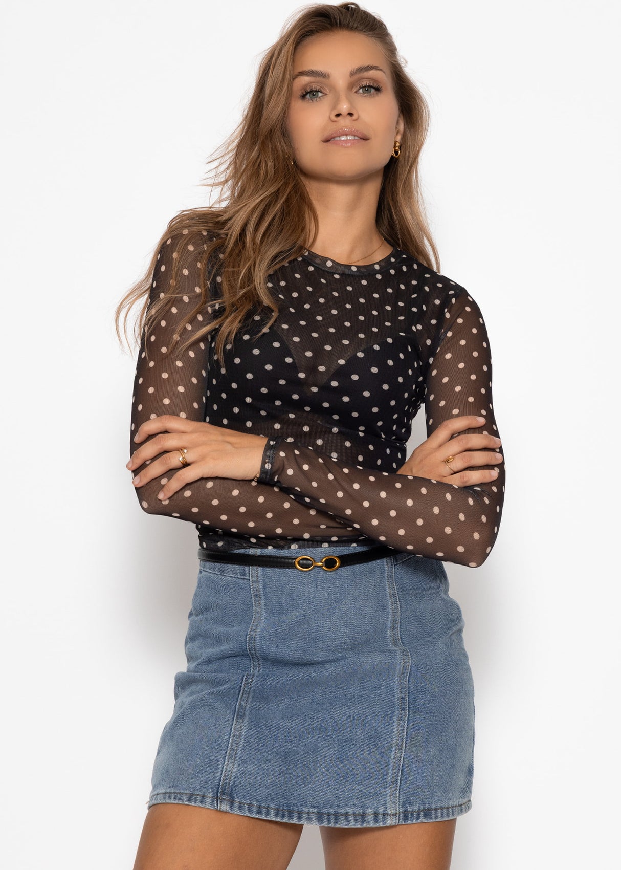 Mesh long-sleeved shirt with dots - black