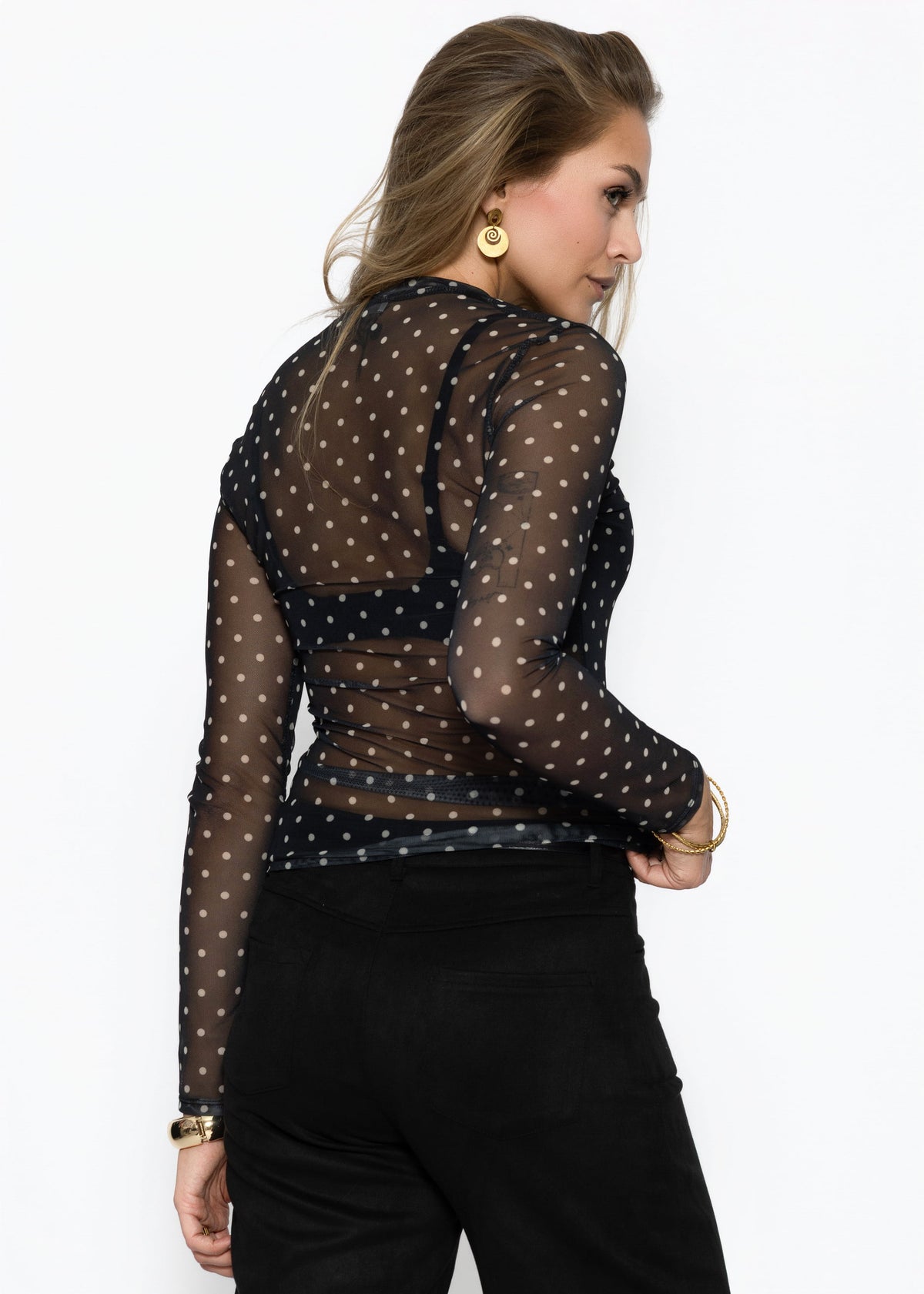 Mesh Langarmshirt mit Punkten - schwarz