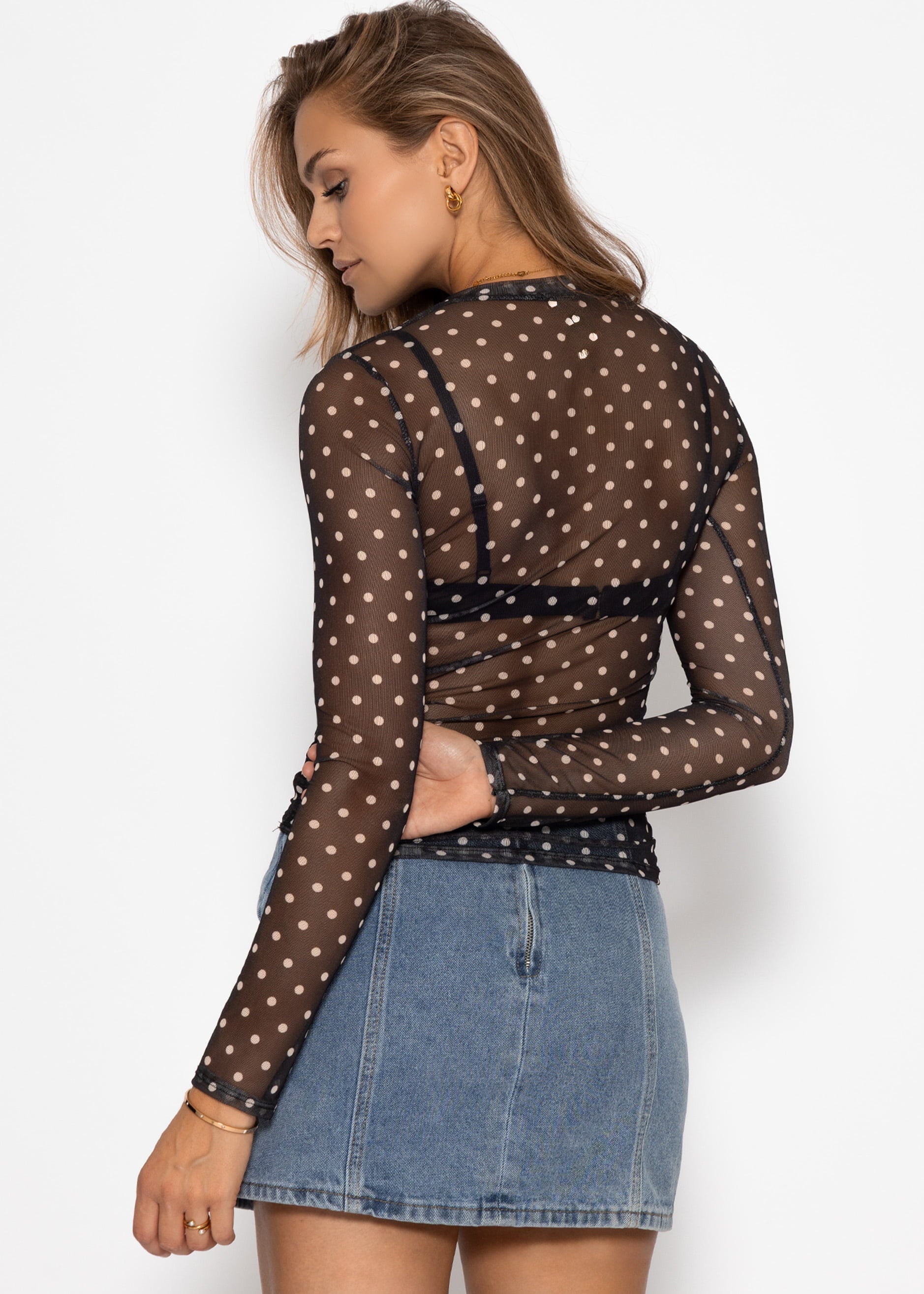 Mesh long-sleeved shirt with dots - black