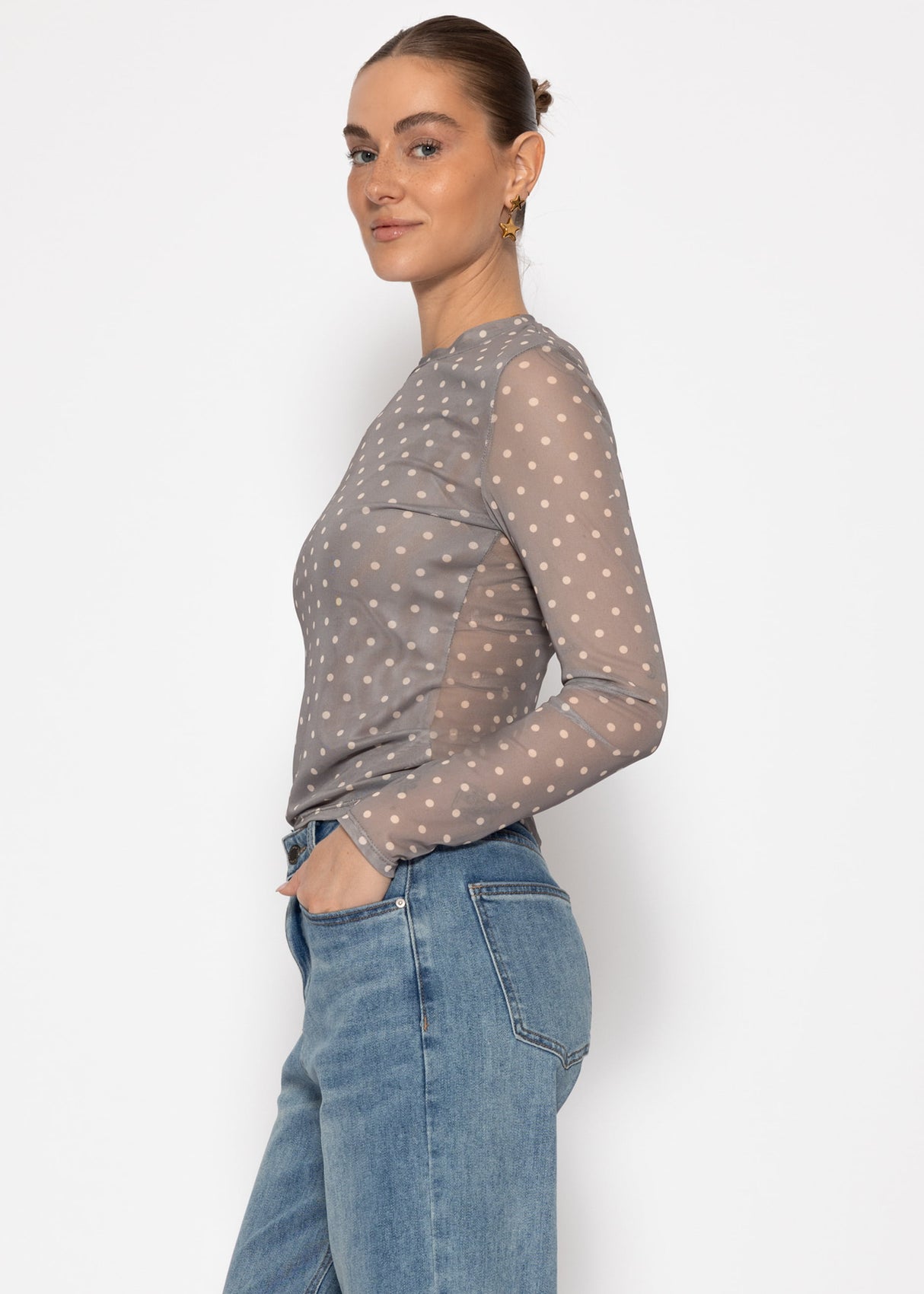 Mesh long-sleeved shirt with polka dots - grey