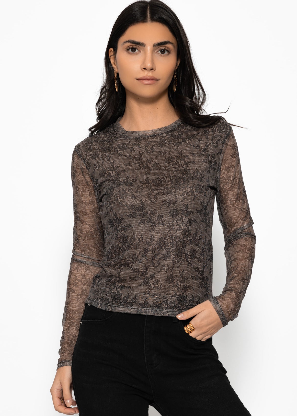Mesh long-sleeved shirt with lace print - black