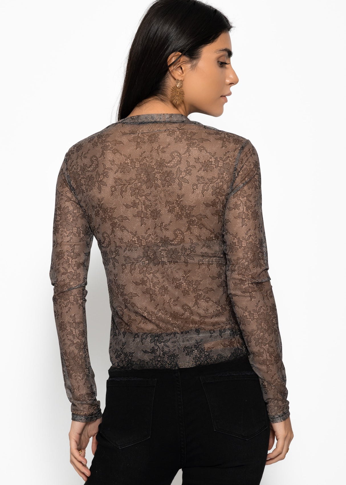 Mesh long-sleeved shirt with lace print - black