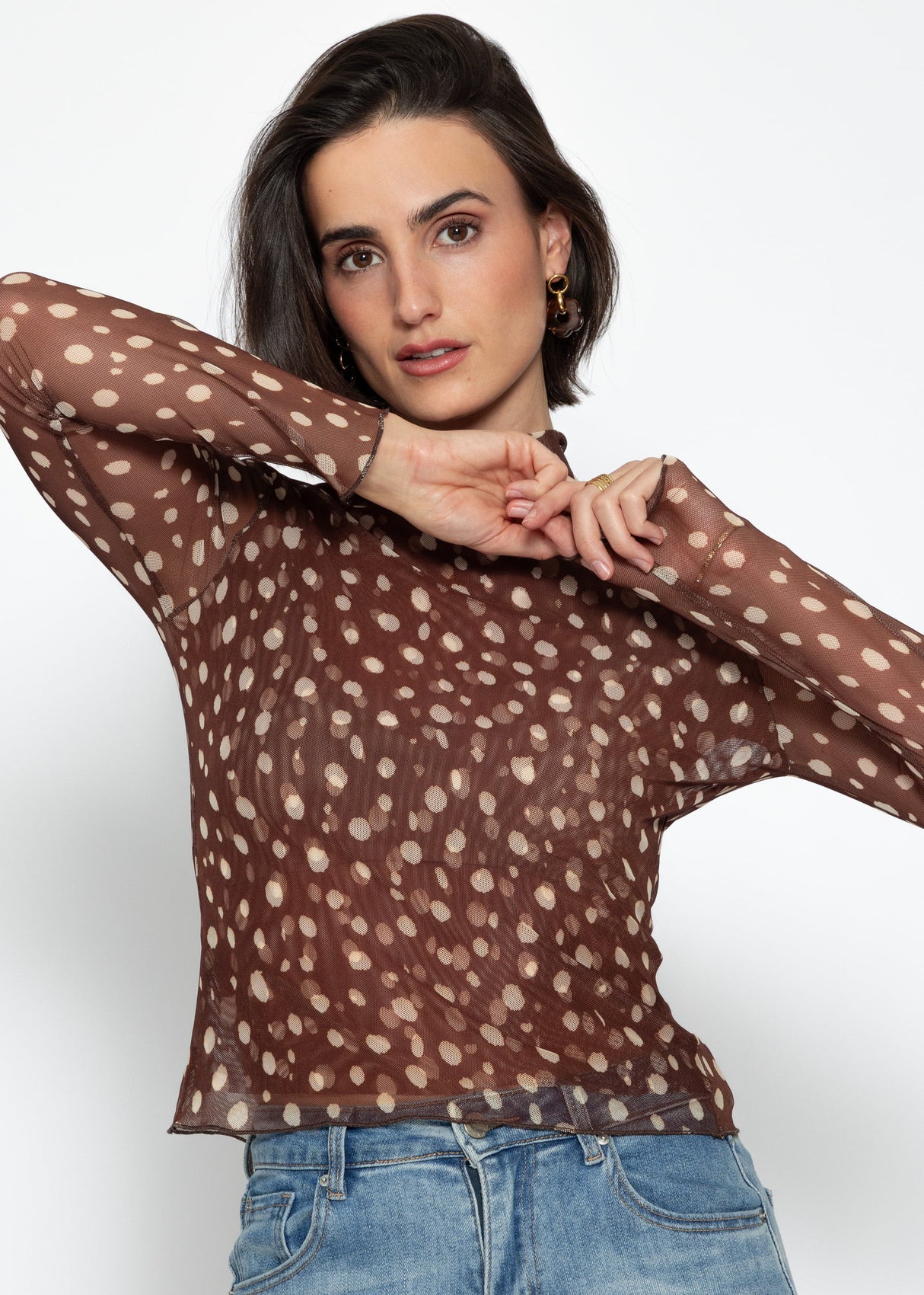 Mesh long-sleeved shirt with polka dots - brown