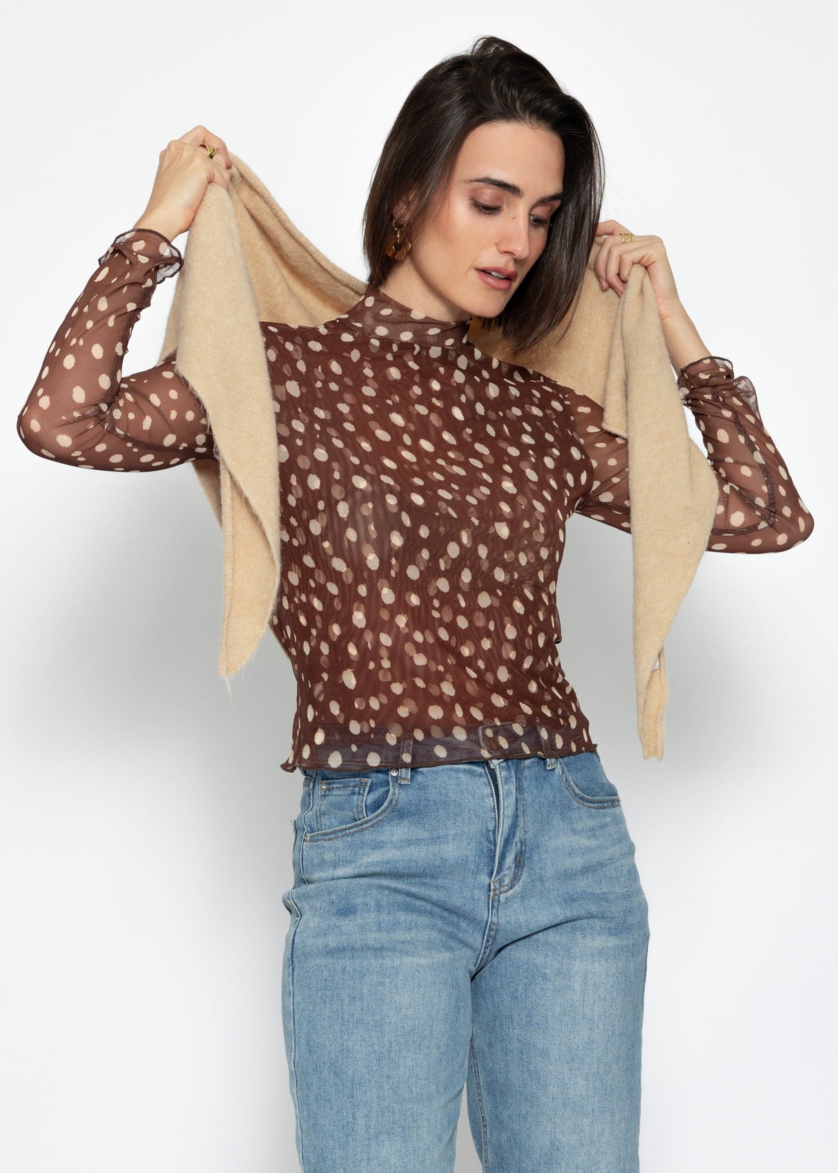 Mesh long-sleeved shirt with polka dots - brown