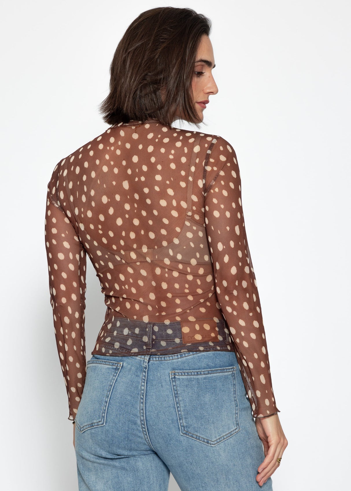 Mesh long-sleeved shirt with polka dots - brown