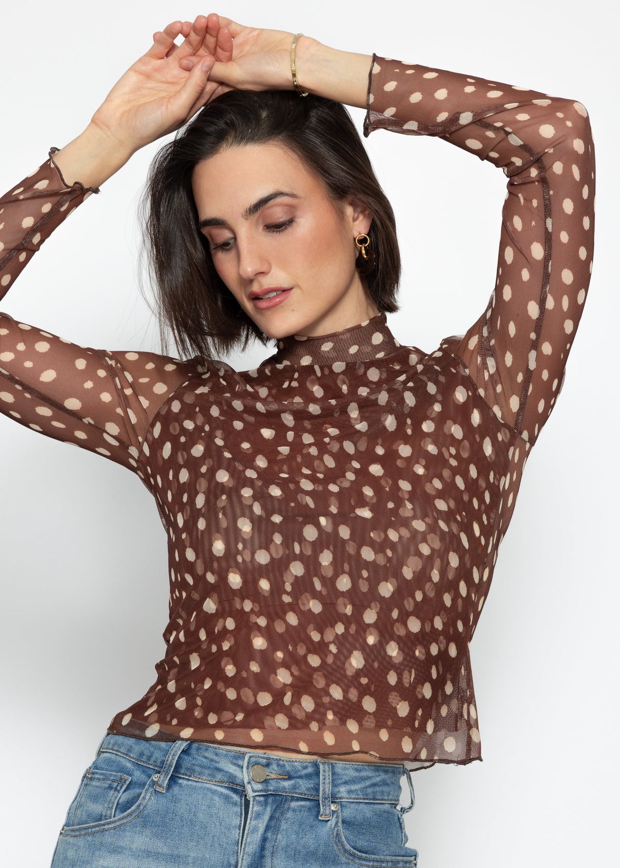 Mesh long-sleeved shirt with polka dots - brown