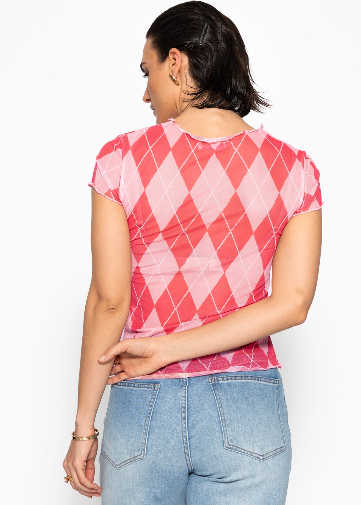 Mesh T-shirt with diamond print - pink