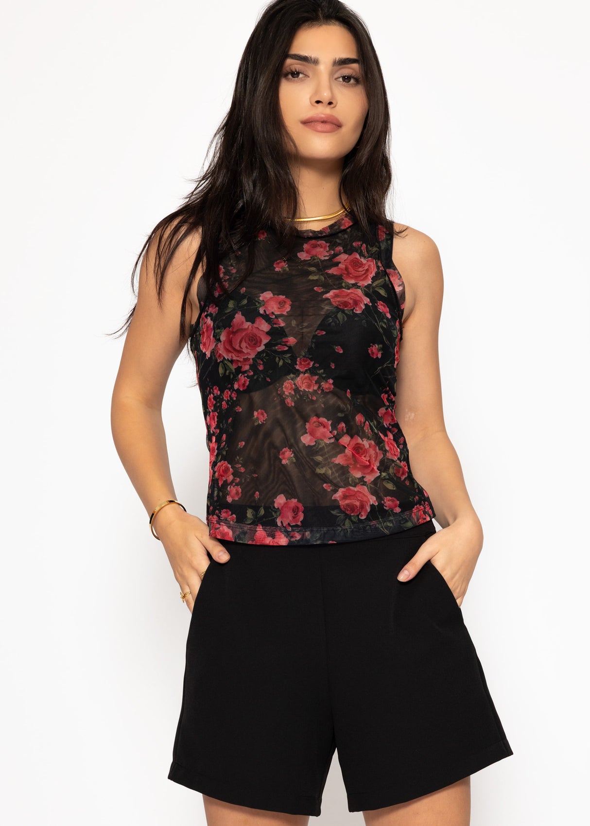 Mesh Top mit floralem Druck - schwarz