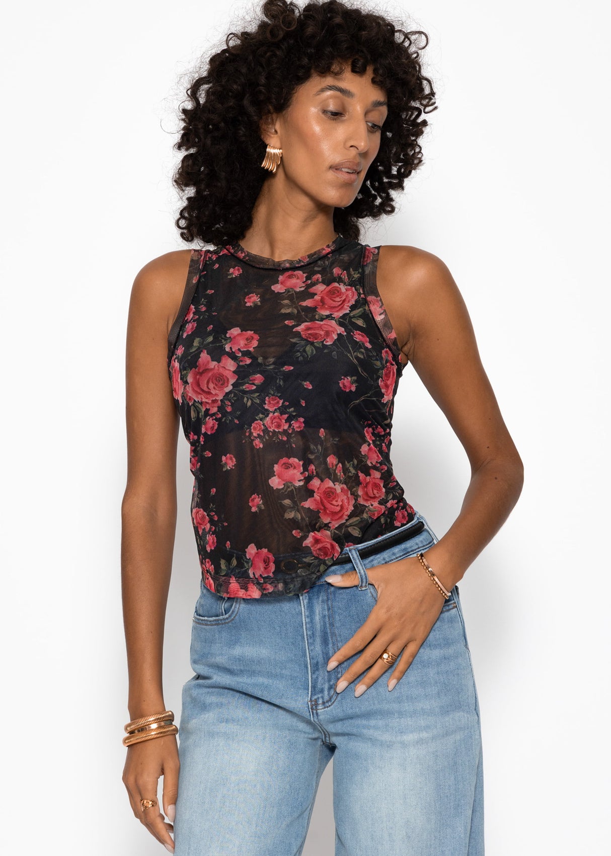 Mesh top with floral print - black