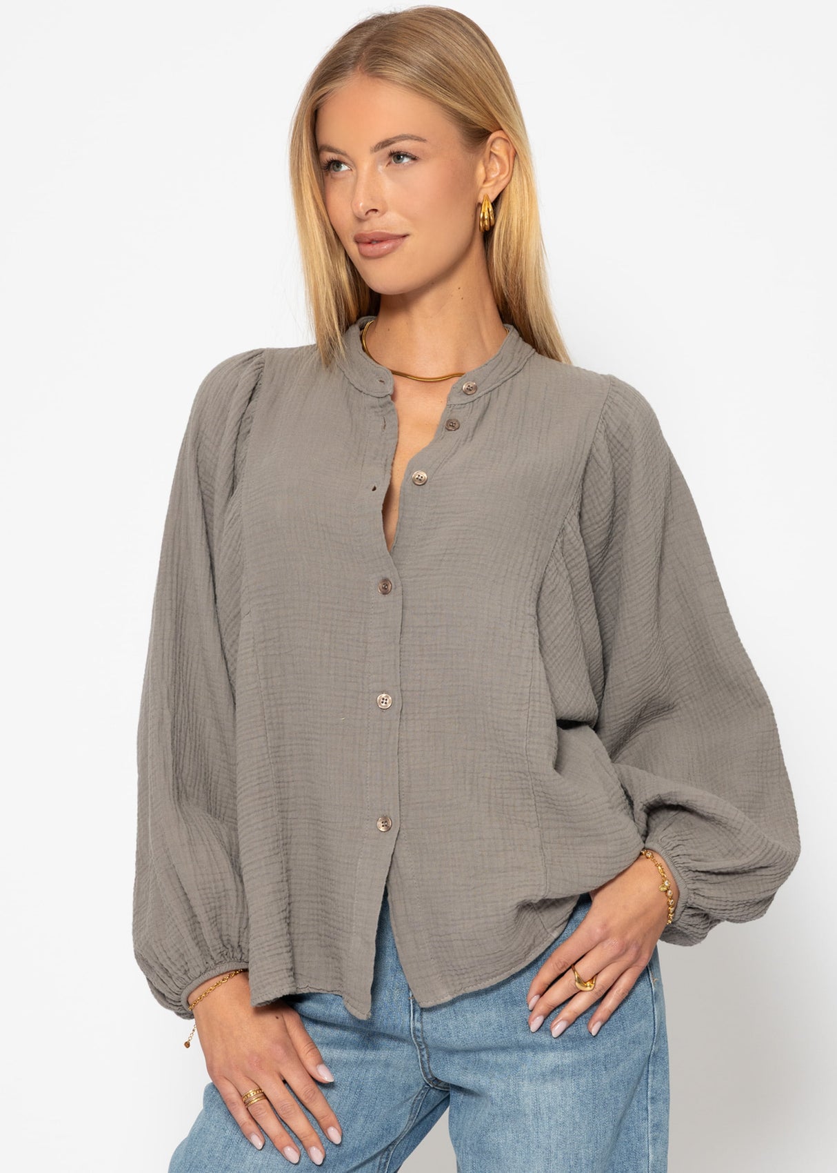 Musselin Bluse mit Fledermausärmeln - taupe