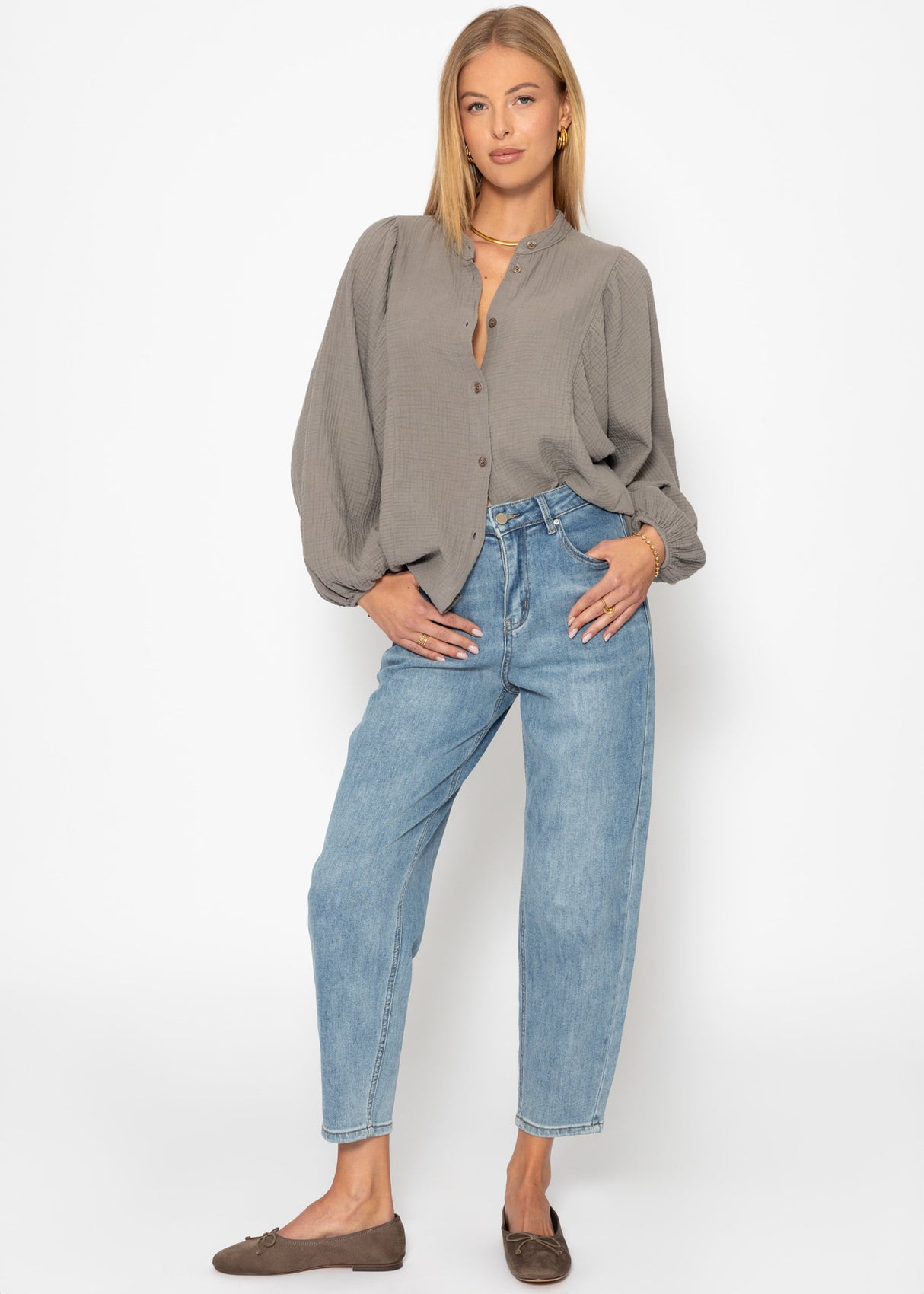 Musselin Bluse mit Fledermausärmeln - taupe