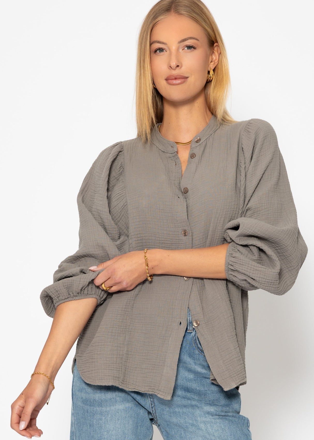 Musselin Bluse mit Fledermausärmeln - taupe