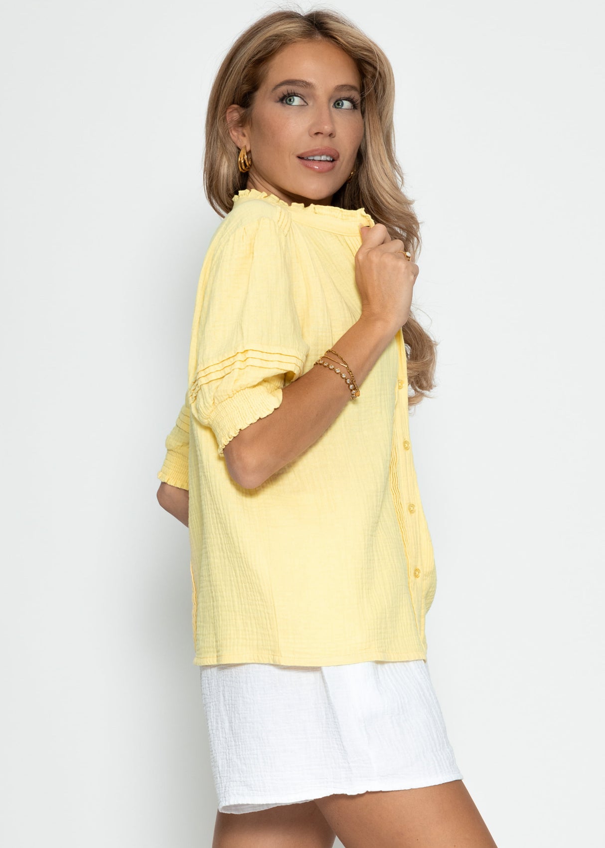 Kurzarm Musselin Bluse - buttergelb