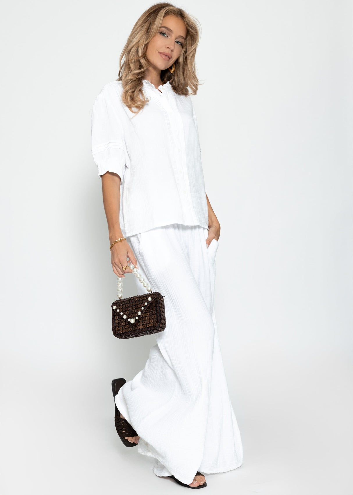 Kurzarm Musselin Bluse - weiß