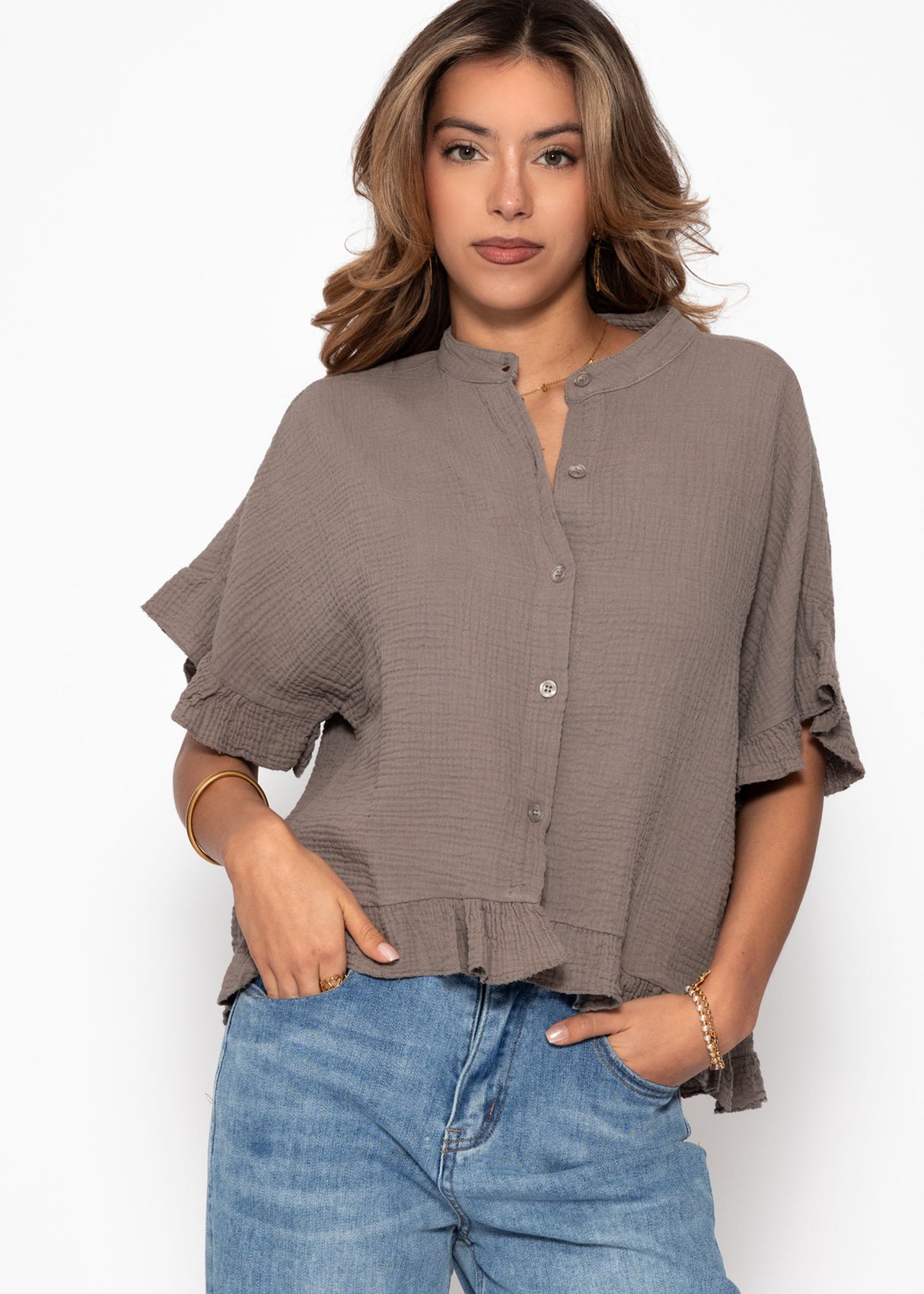 Musselin Bluse mit Rüschensaum - taupe
