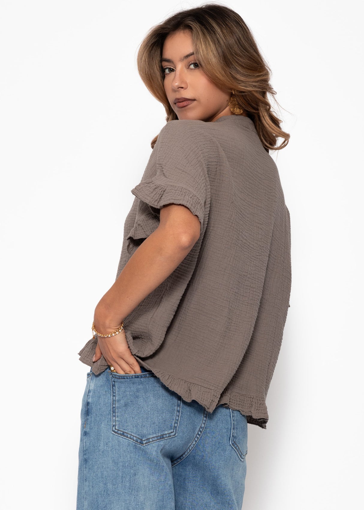 Musselin Bluse mit Rüschensaum - taupe