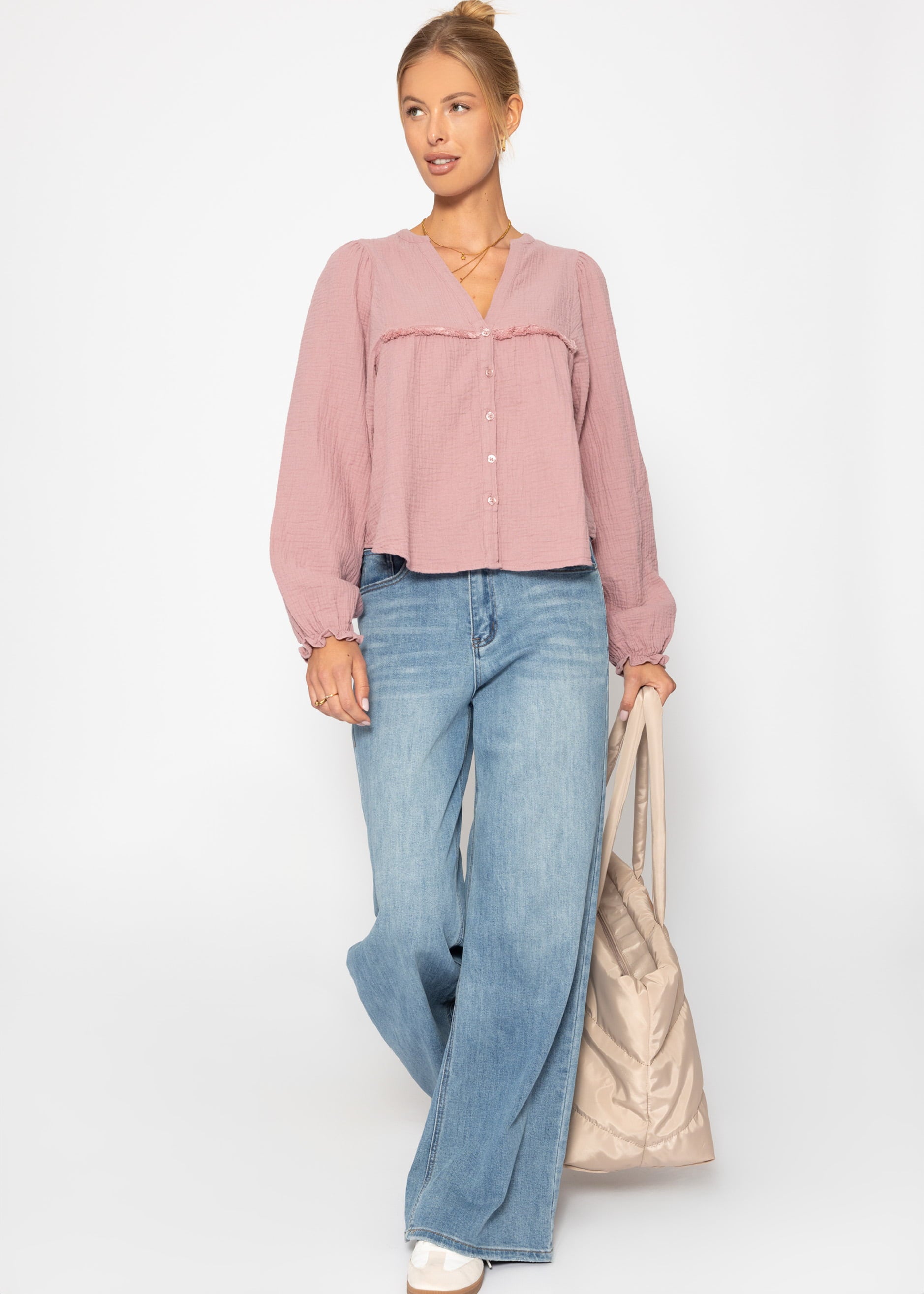 Musselin Bluse mit V-Ausschnitt und Fransen - altrosa