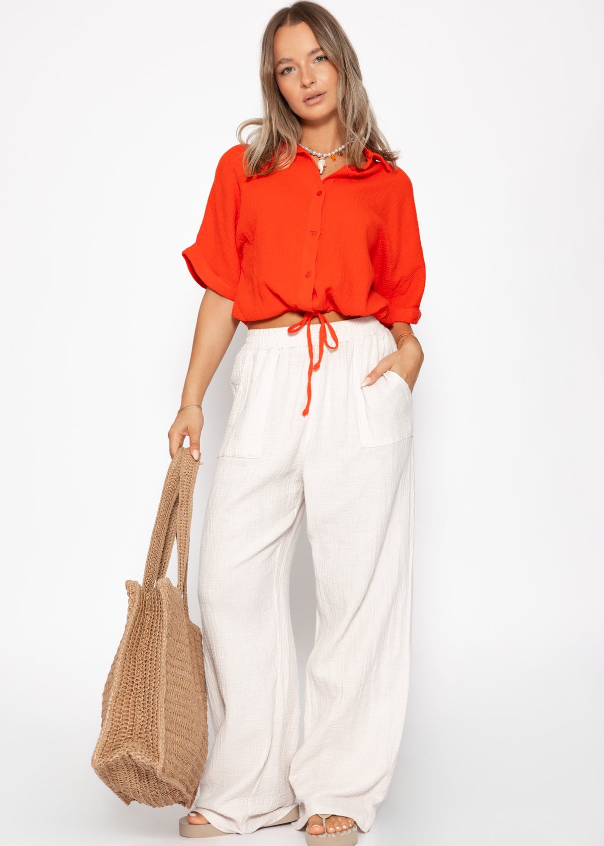 Musselin Bluse mit Zugband - orange