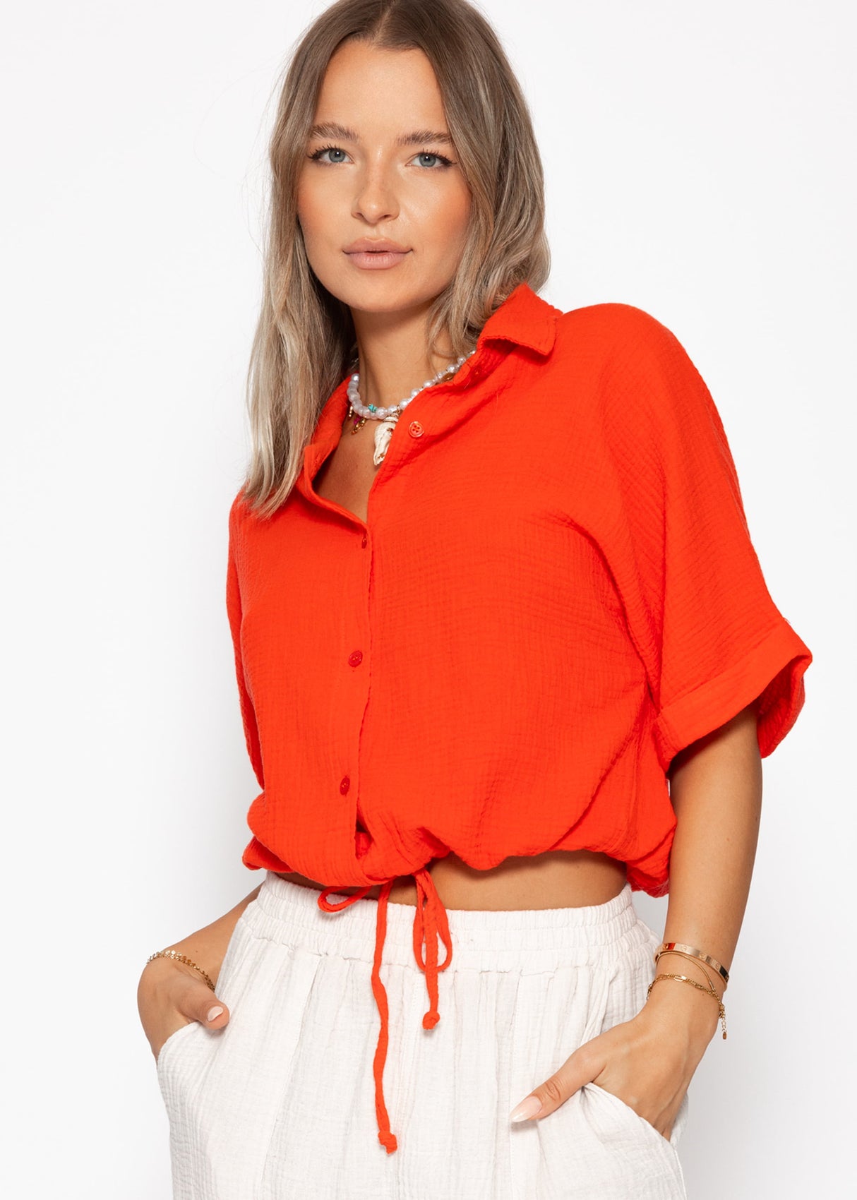 Musselin Bluse mit Zugband - orange