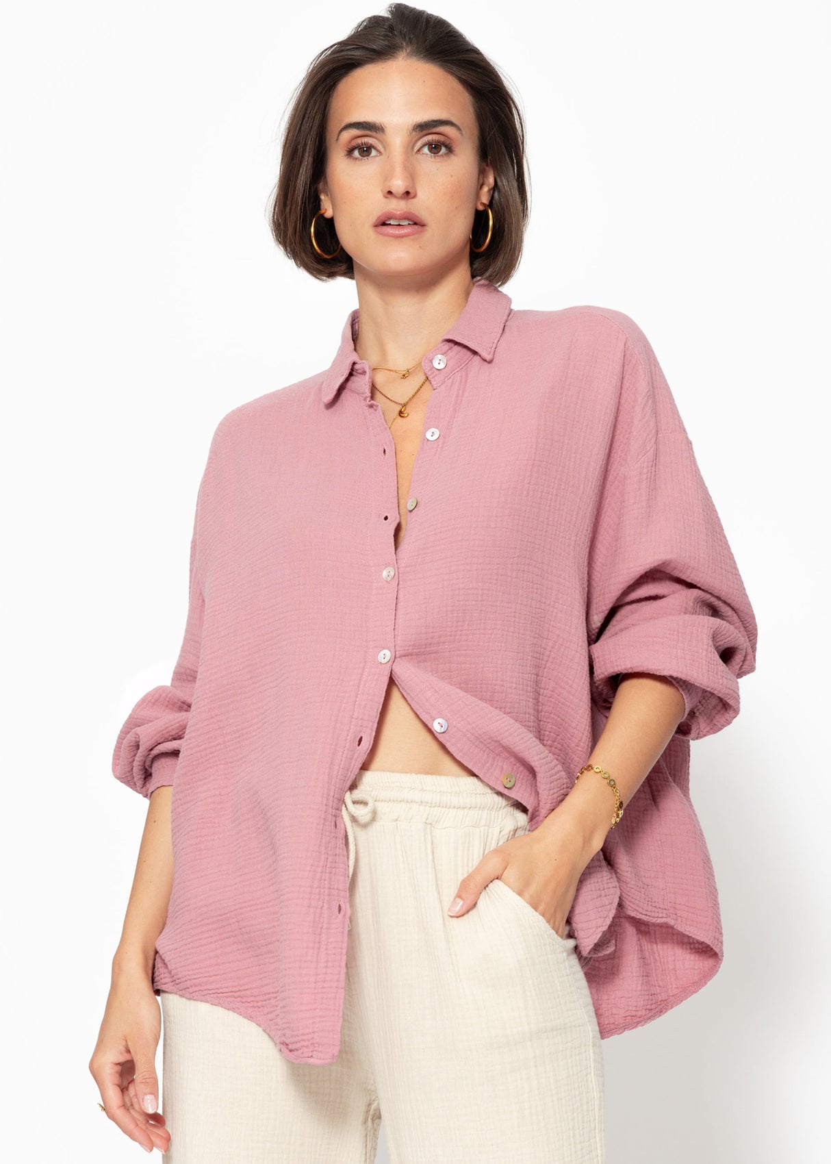 Musselin Bluse oversize, kurz, altrosa