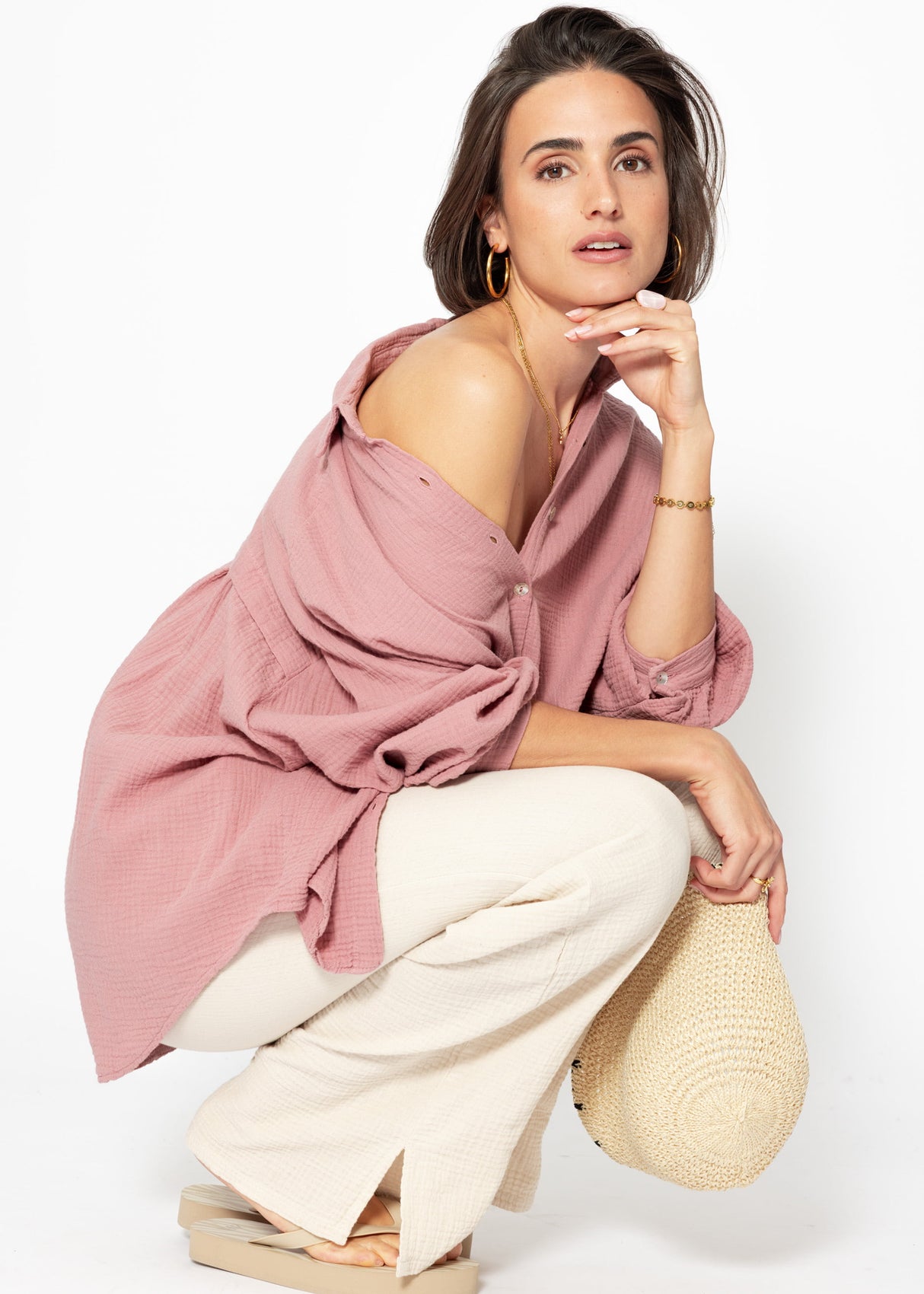 Musselin Bluse oversize, kurz, altrosa