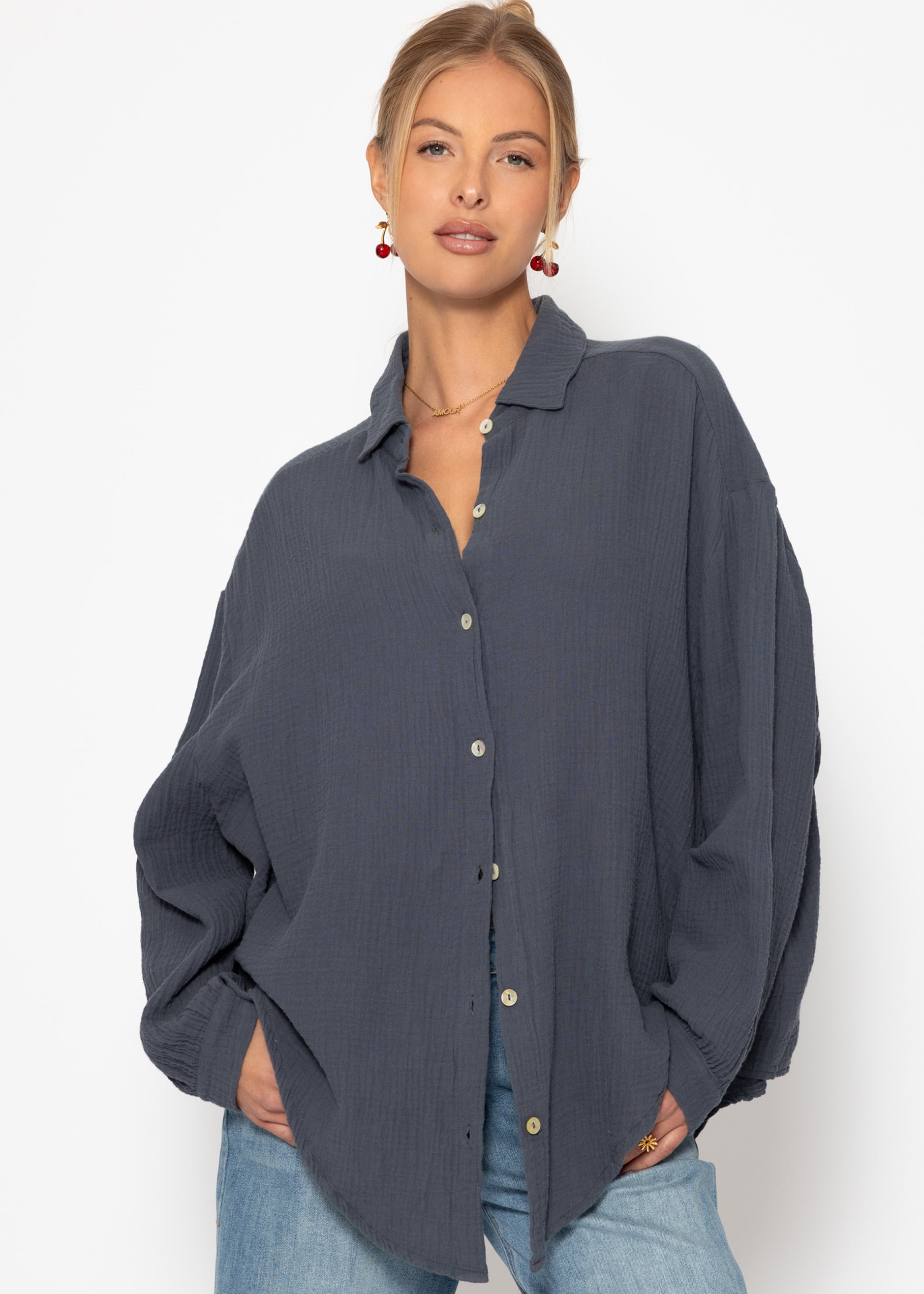 Muslin blouse oversize, short, dark grey