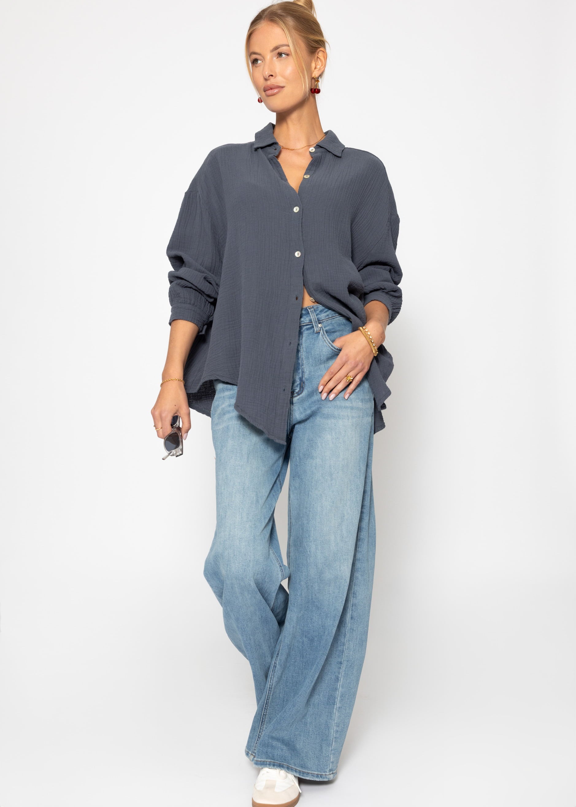 Muslin blouse oversize, short, dark grey