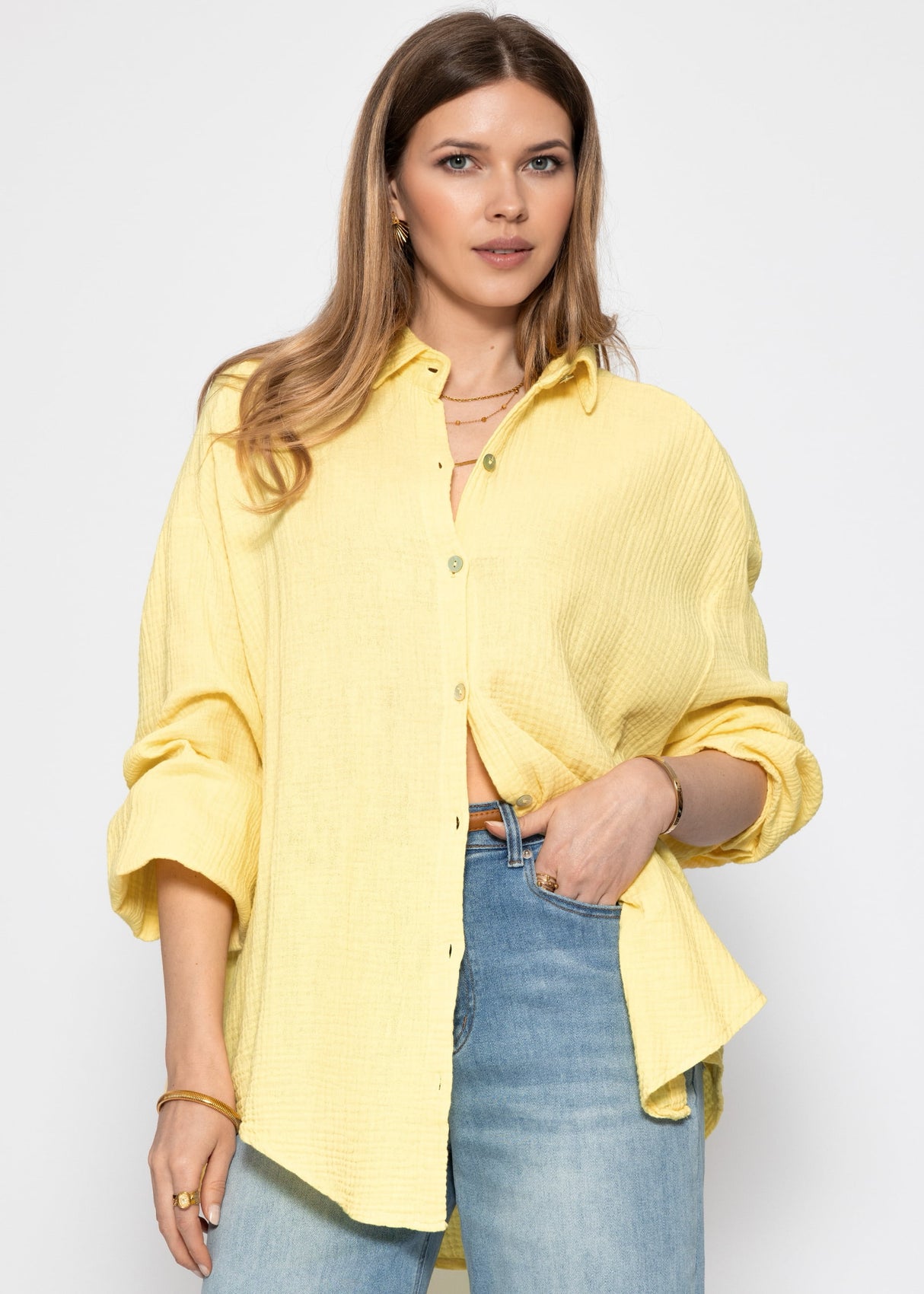 Musselin Bluse oversize, kurz, gelb