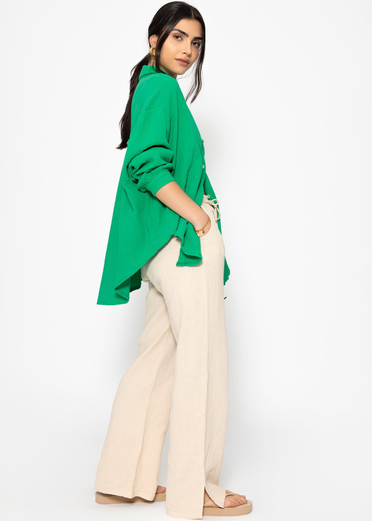 Muslin blouse oversize, short, green