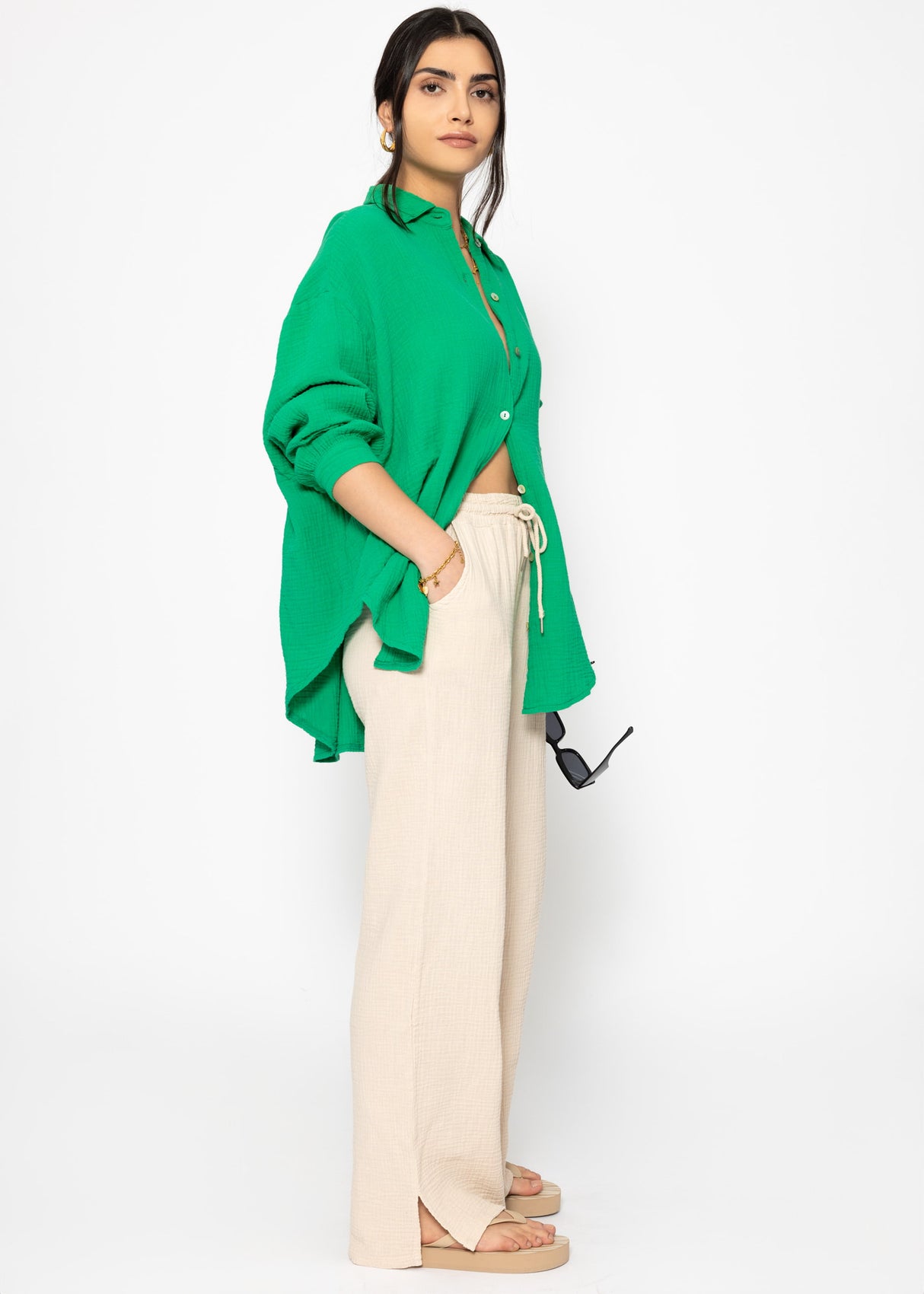 Muslin blouse oversize, short, green