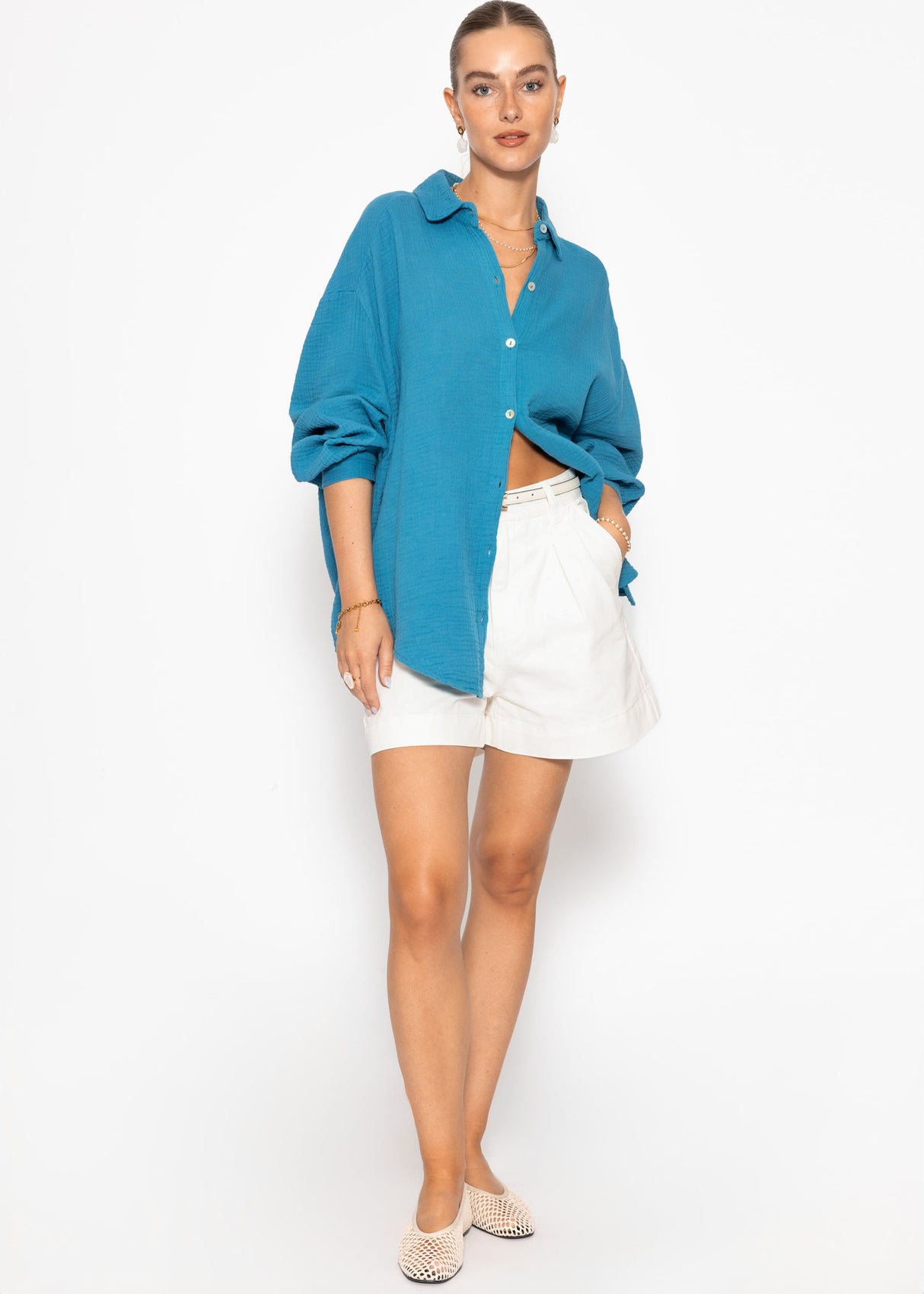 Muslin blouse oversize, short, petrol blue