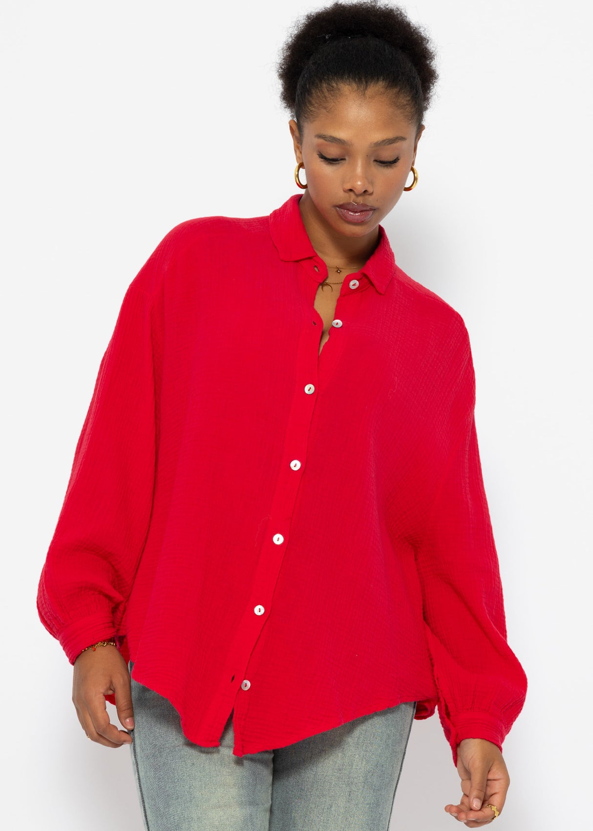 Musselin Bluse oversize, kurz, rot