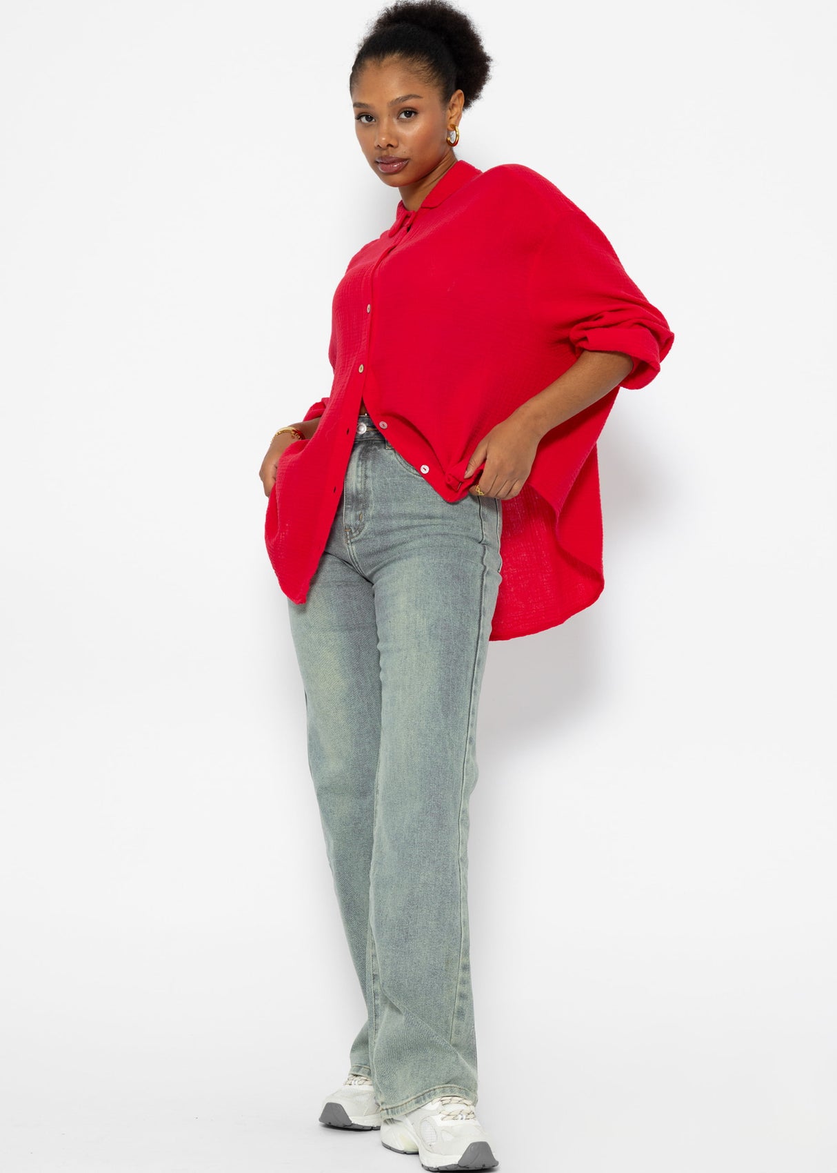 Musselin Bluse oversize, kurz, rot