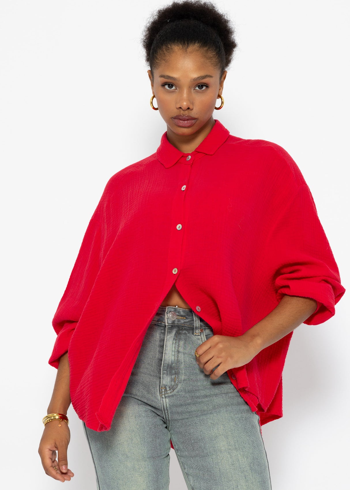 Musselin Bluse oversize, kurz, rot