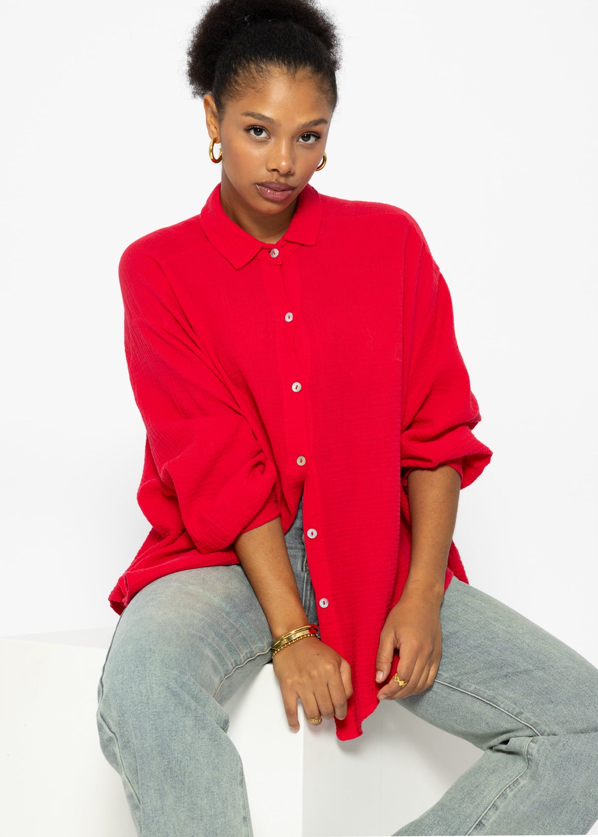 Musselin Bluse oversize, kurz, rot