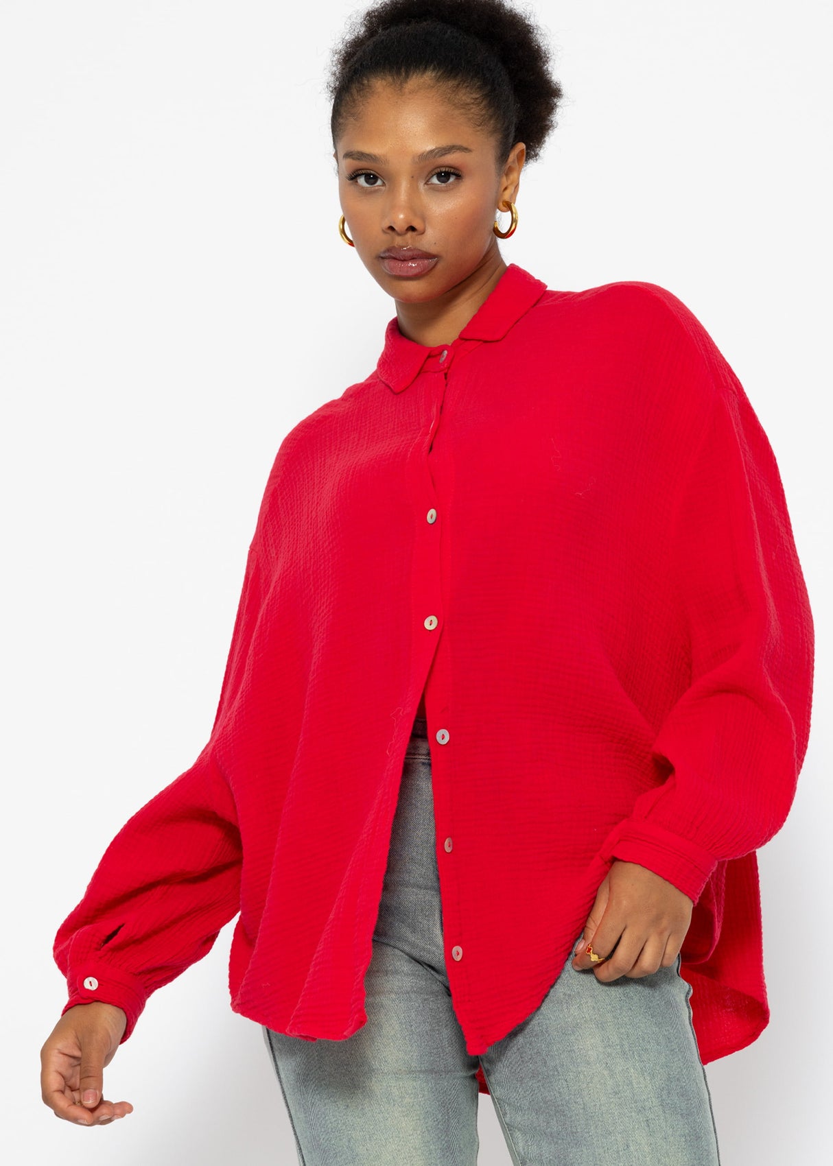 Musselin Bluse oversize, kurz, rot