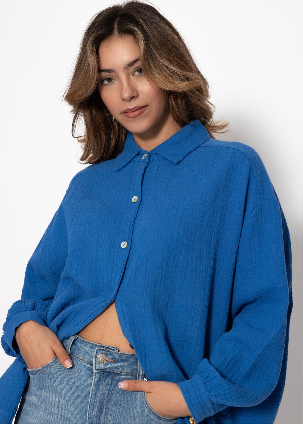 Musselin Bluse oversize, kurz, royalblau