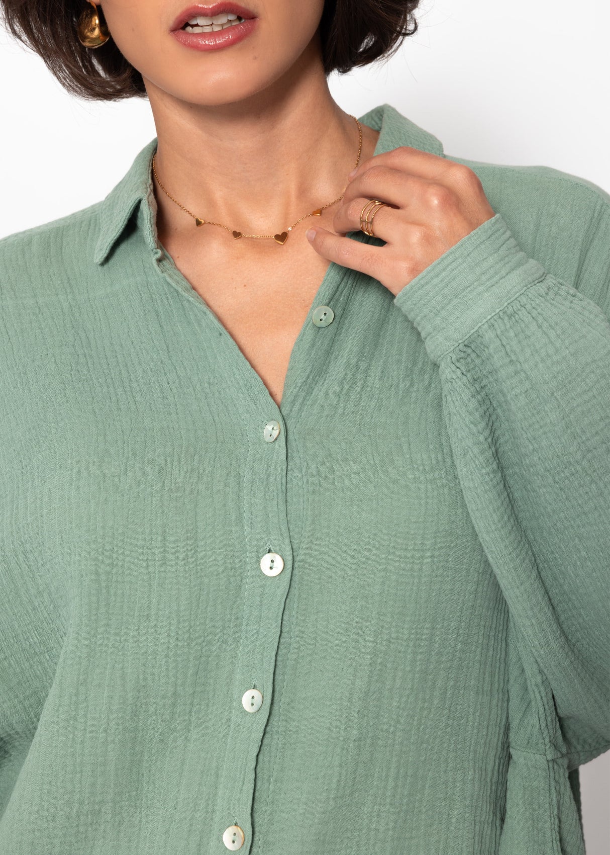 Muslin blouse oversize, short, sage green