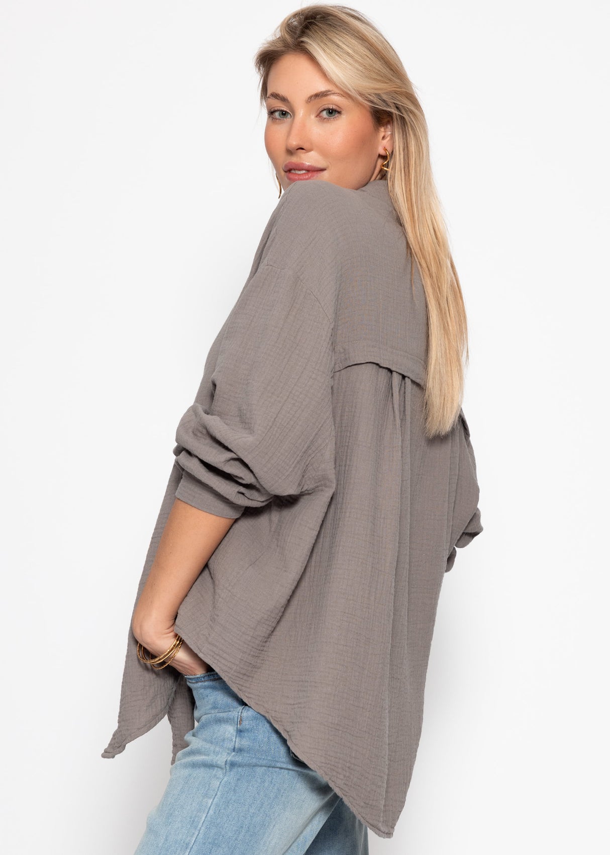Muslin blouse oversize, short, taupe