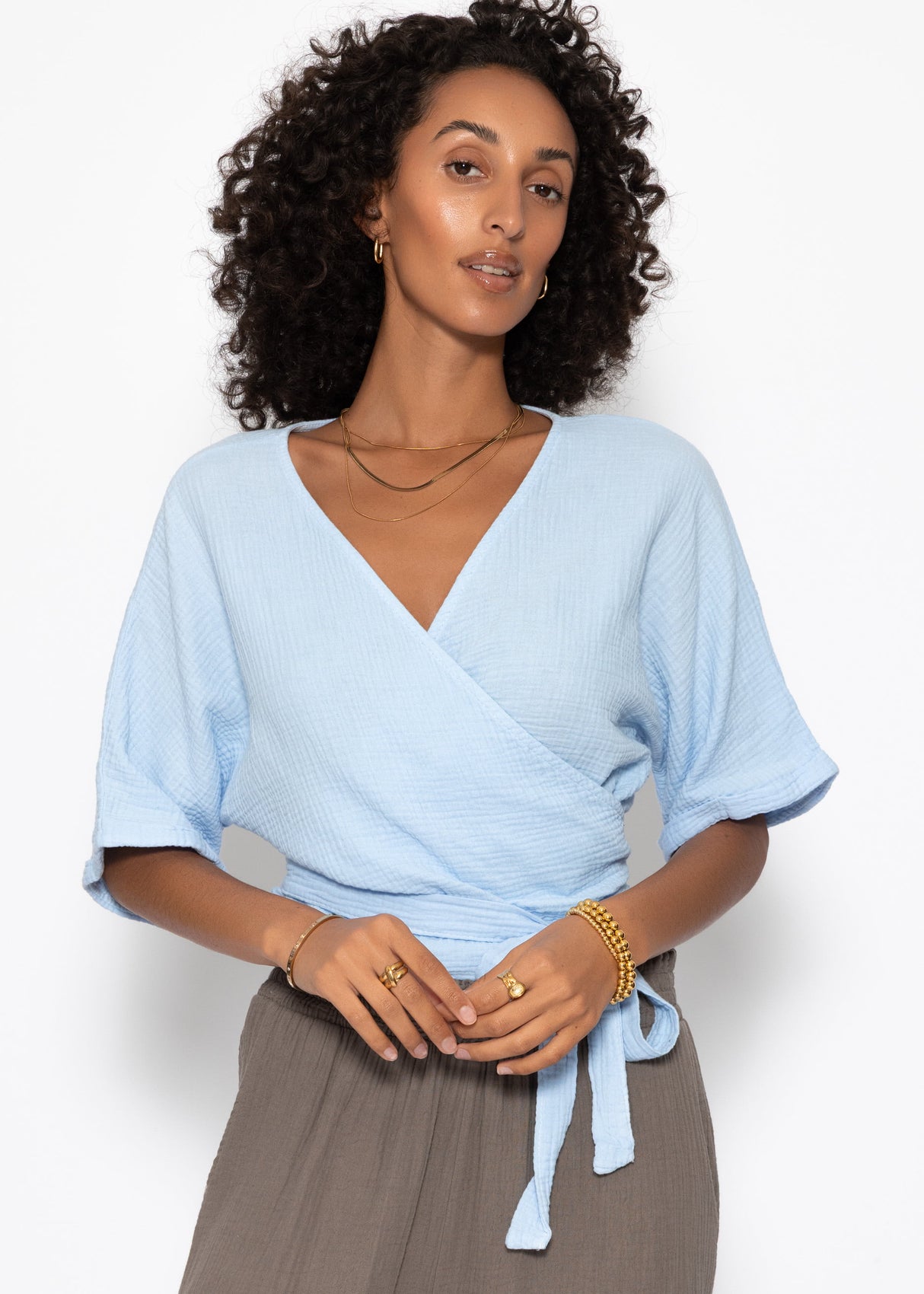 Musselin Bluse zum Wickeln - hellblau
