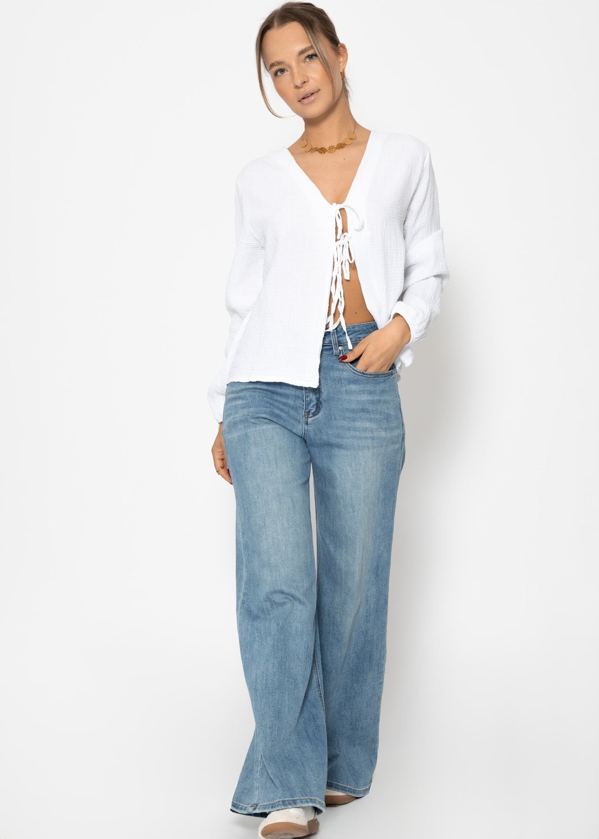 Musselin Blusenjacke mit Bindebänder - weiß