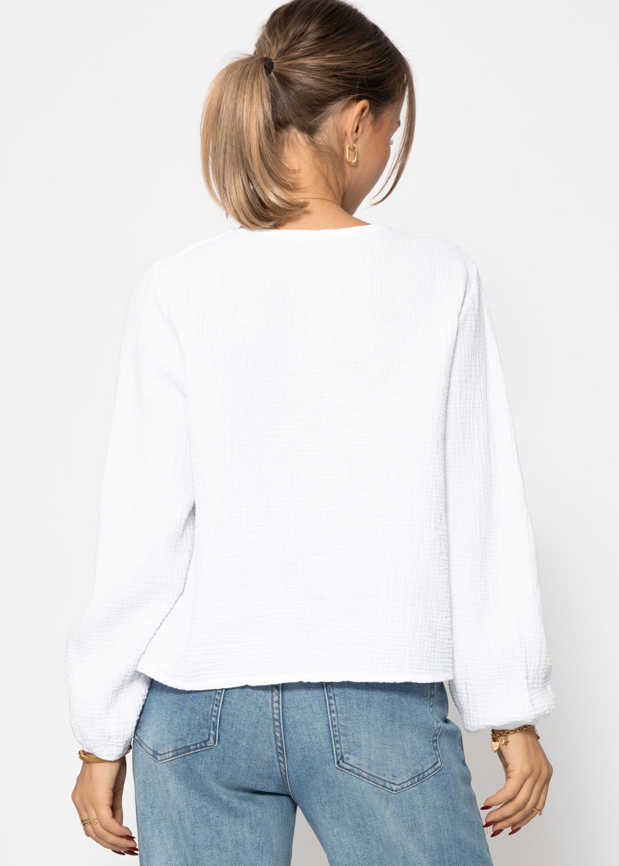 Musselin Blusenjacke mit Bindebänder - weiß