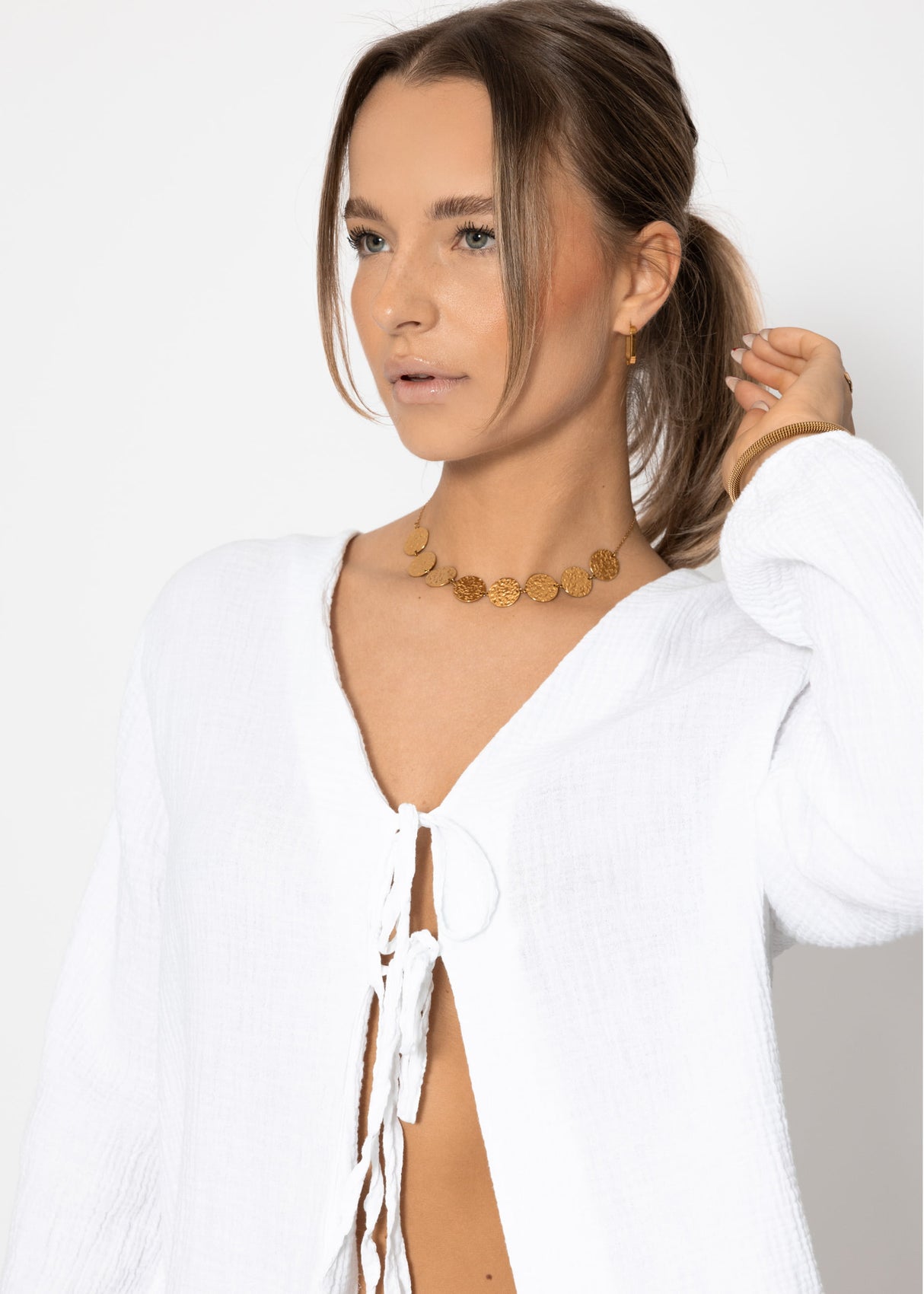 Musselin Blusenjacke mit Bindebänder - weiß