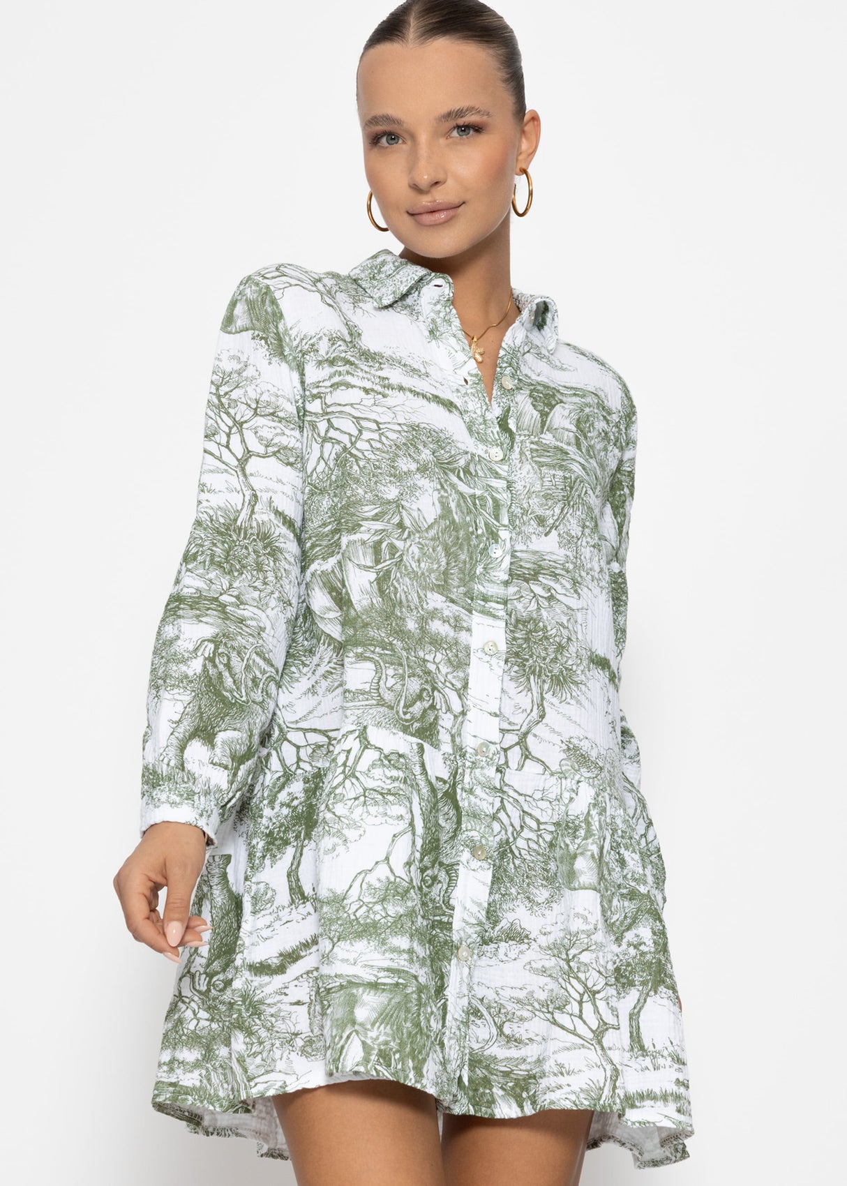 Musselin Kleid mit langen Ärmel und Print, khaki